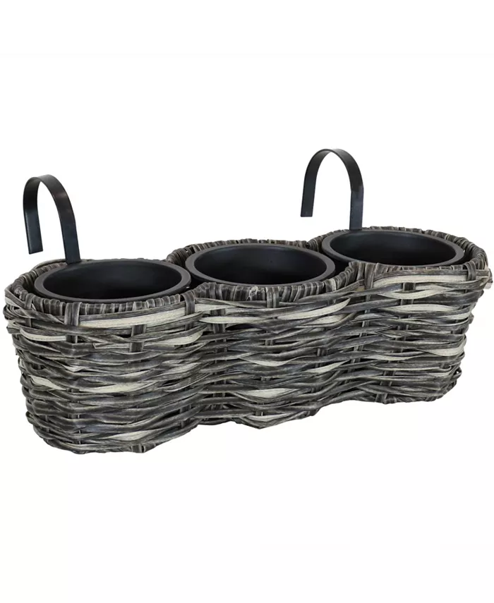 Sunnydaze Decor Polyrattan Hanging Over-the-Rail Tri-Planter and Liner - Charcoal