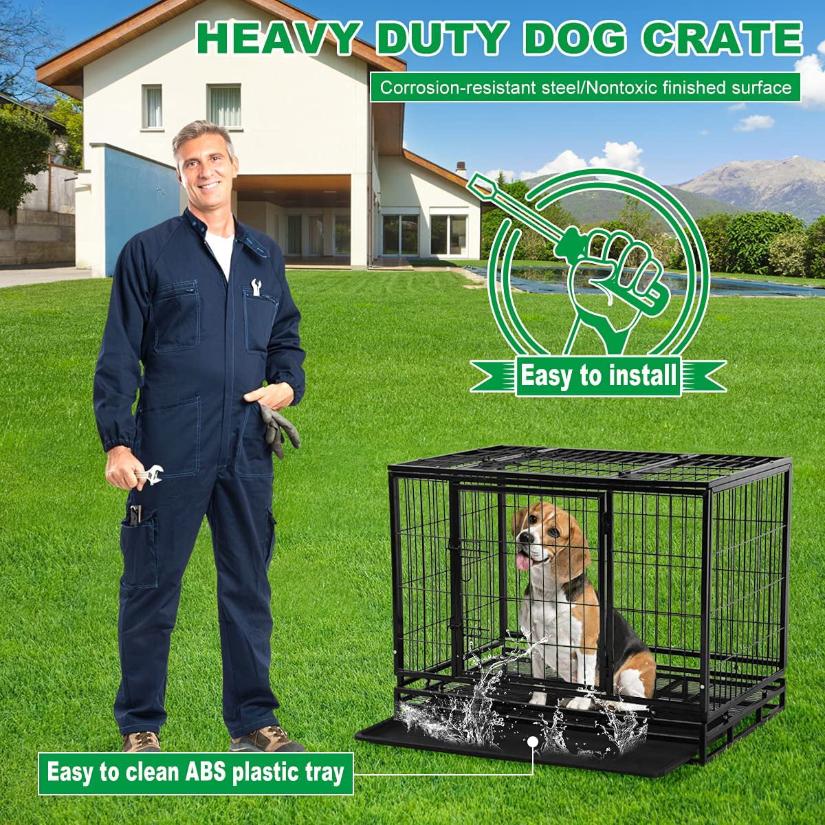 Dkelincs 42 inch Dog Cage Heavy Duty XL Dog Crate and Kennels with Wheels and Tray Dog Kennel with Double Doors for Dog Training