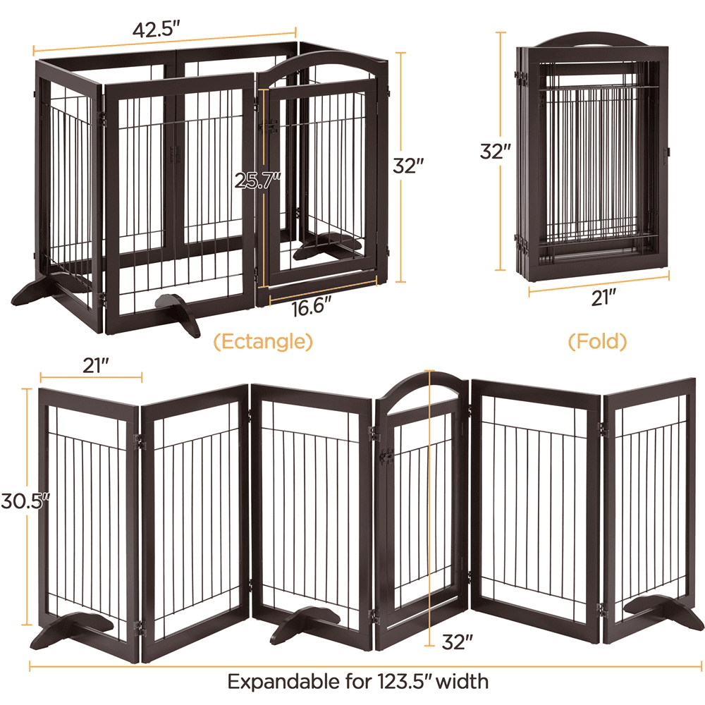Yaheetech 32'' H 6-Panel Pet Gate with Wood and Wire， Espresso