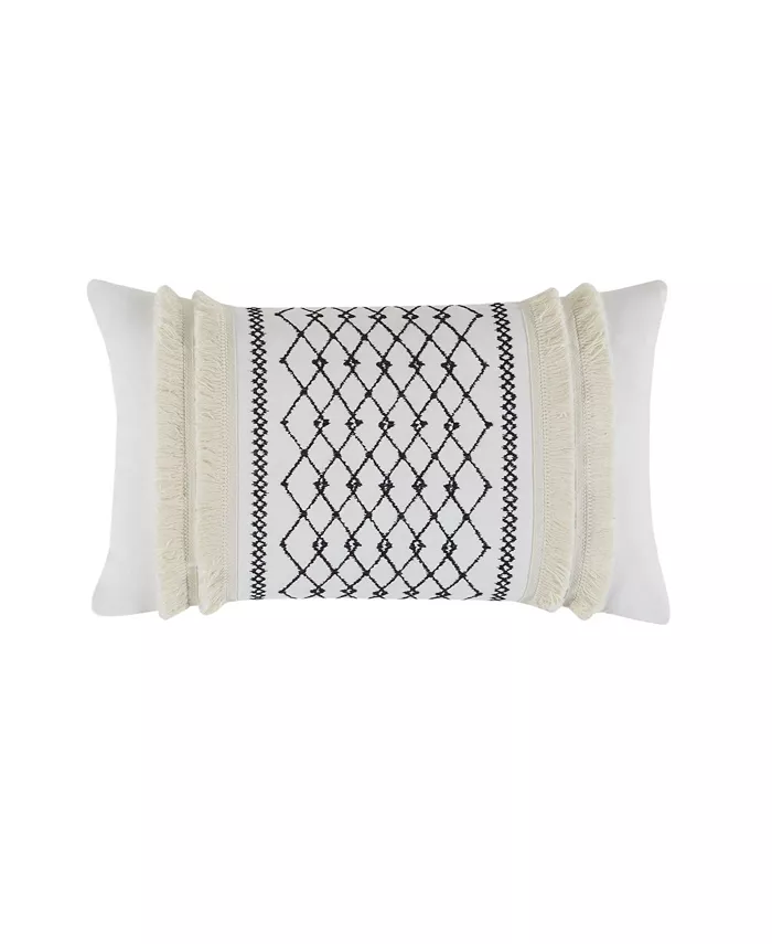Gracie Mills Bea Embroidered Cotton Oblong Pillow with Tassels Ivory Oblong