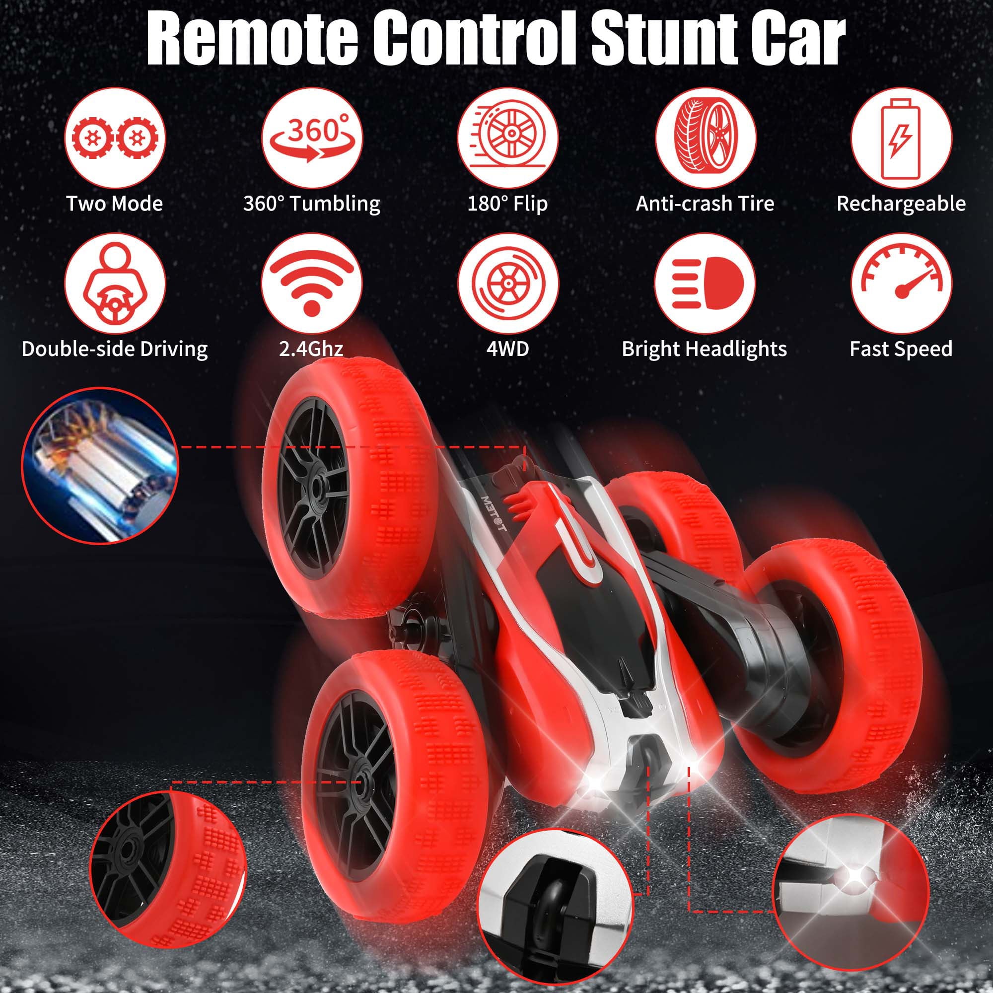Remote Control Car， 2 IN 1 RC Stunt Cars Toy， 4WD  Rechargeable Double Sided 360° Rotating RC Car for Kids