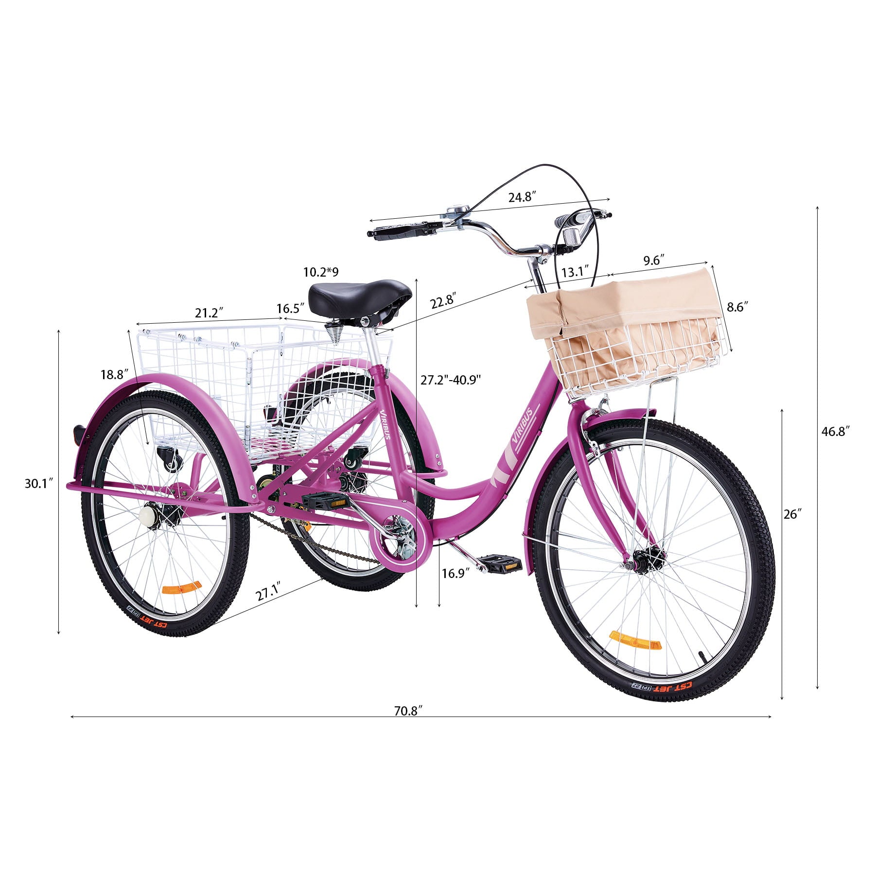 Viribus 26 Inch Single Speed Adult Tricycle，3 Wheel Cruiser Bike with Removable Wheeled Basket， Dustproof Bag， Lights and Bell for Cycling Shopping， Picnic， Hybrid Beach Trike for Men and Women， Purple