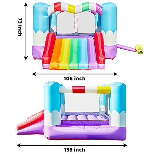 TURFEE Rainbow Inflatable Jumper Bounce House with Blower，Bounce House with Slide， Repair Patches， and Stakes， for Kids Indoor Outdoor.Easy Set Up，Backyard and Party Fun，138x 106 x 73