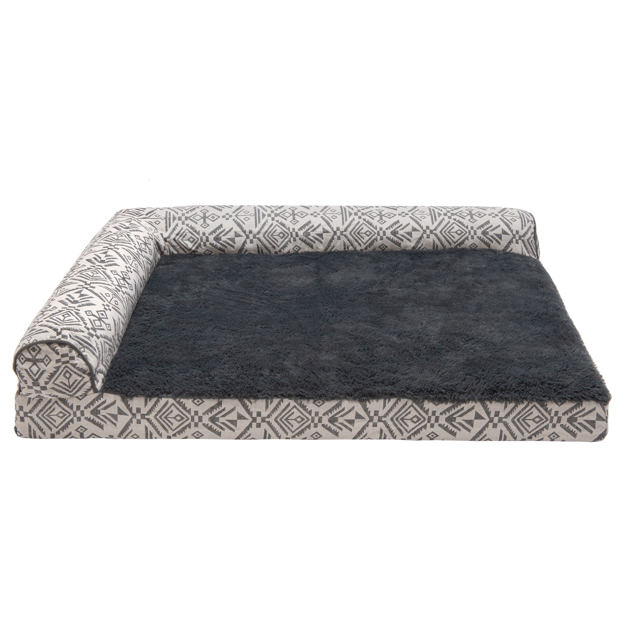 FurHaven Pet Dog Bed | Deluxe Memory Foam Southwest Kilim L-Shaped Chaise Couch Pet Bed for Dogs and Cats， Boulder Gray， Large