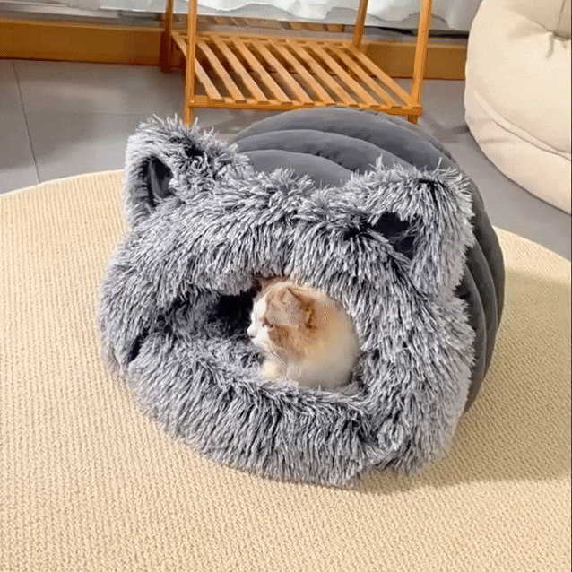 CozyCat Ear Bed | Fluffy Semi-Enclosed Cat Cave with Plush Cushion