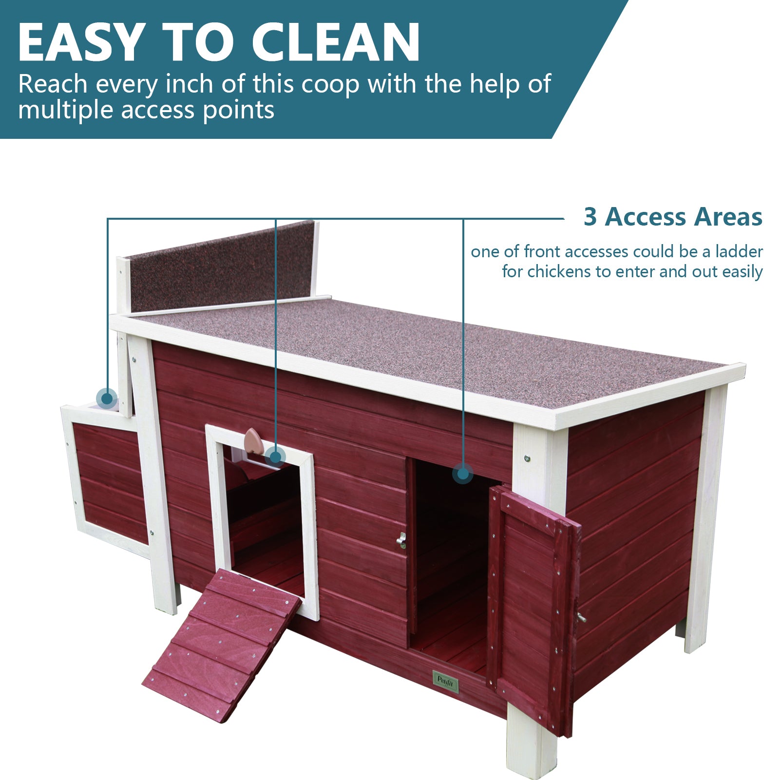 Petsfit Wooden Chicken Coop with Nesting Box， Weatherproof Poultry Cage， Rabbit Hutch Red