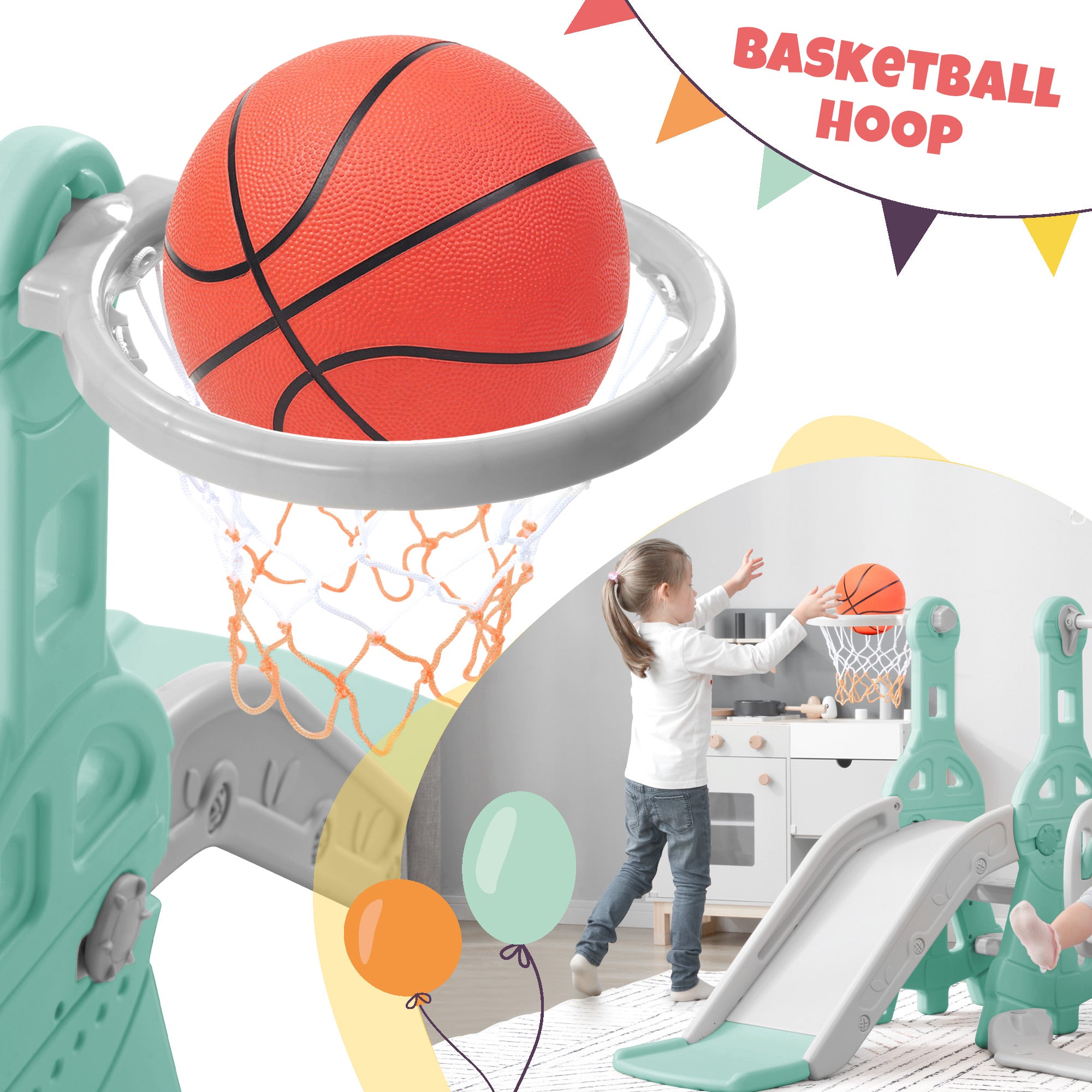 HDJ 3 In 1 Kids Slide and Climber Set with Basketball Hoop，Toddler Slide   Playset for Kids，Indoor Outdoor，Green