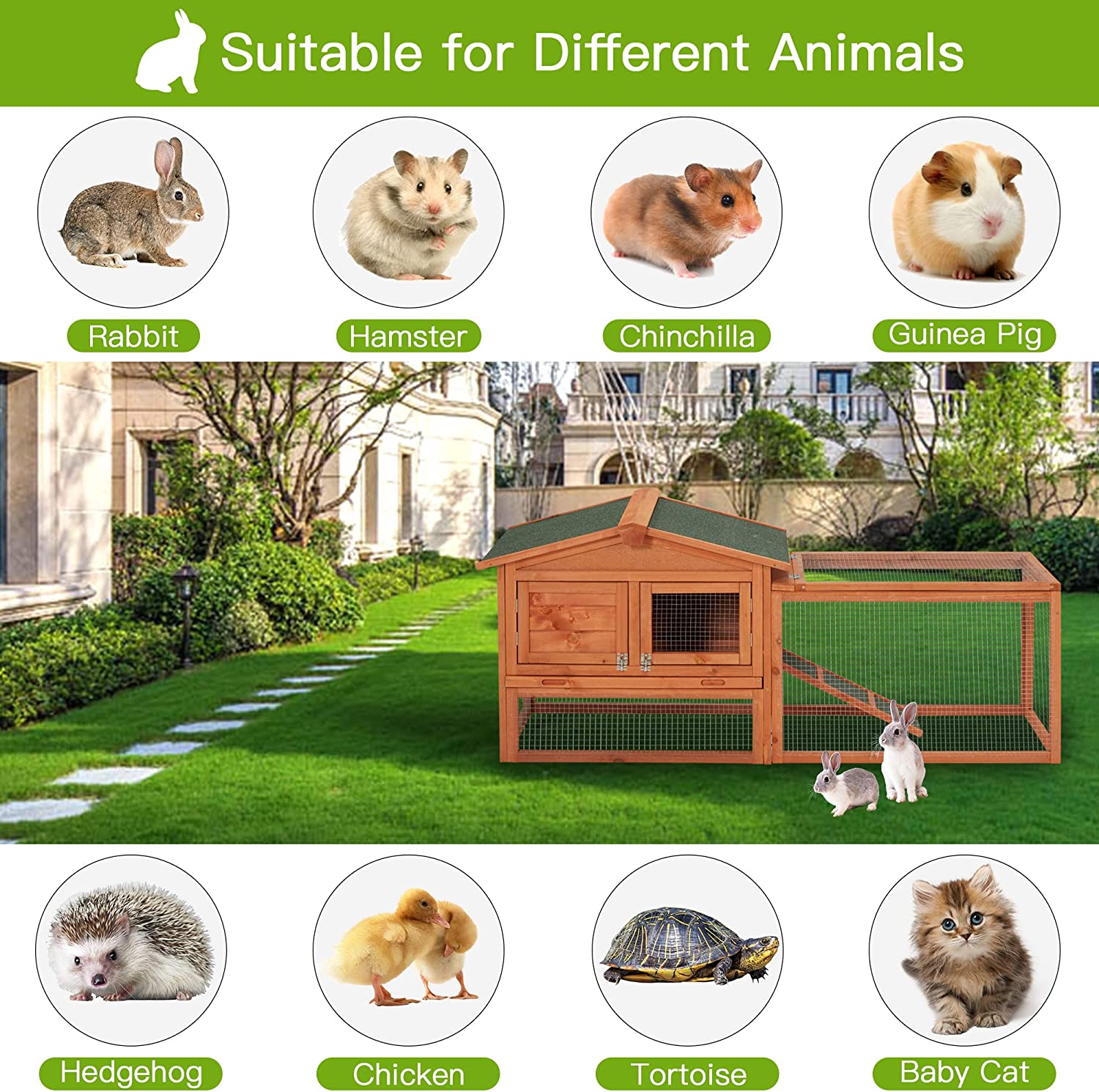 Wooden Rabbit Hutch， 2-Tiyer Indoor Outdoor Pet House with Pull Out Tray， Bunny Cage with Ramp and Waterproof Roof， Grey