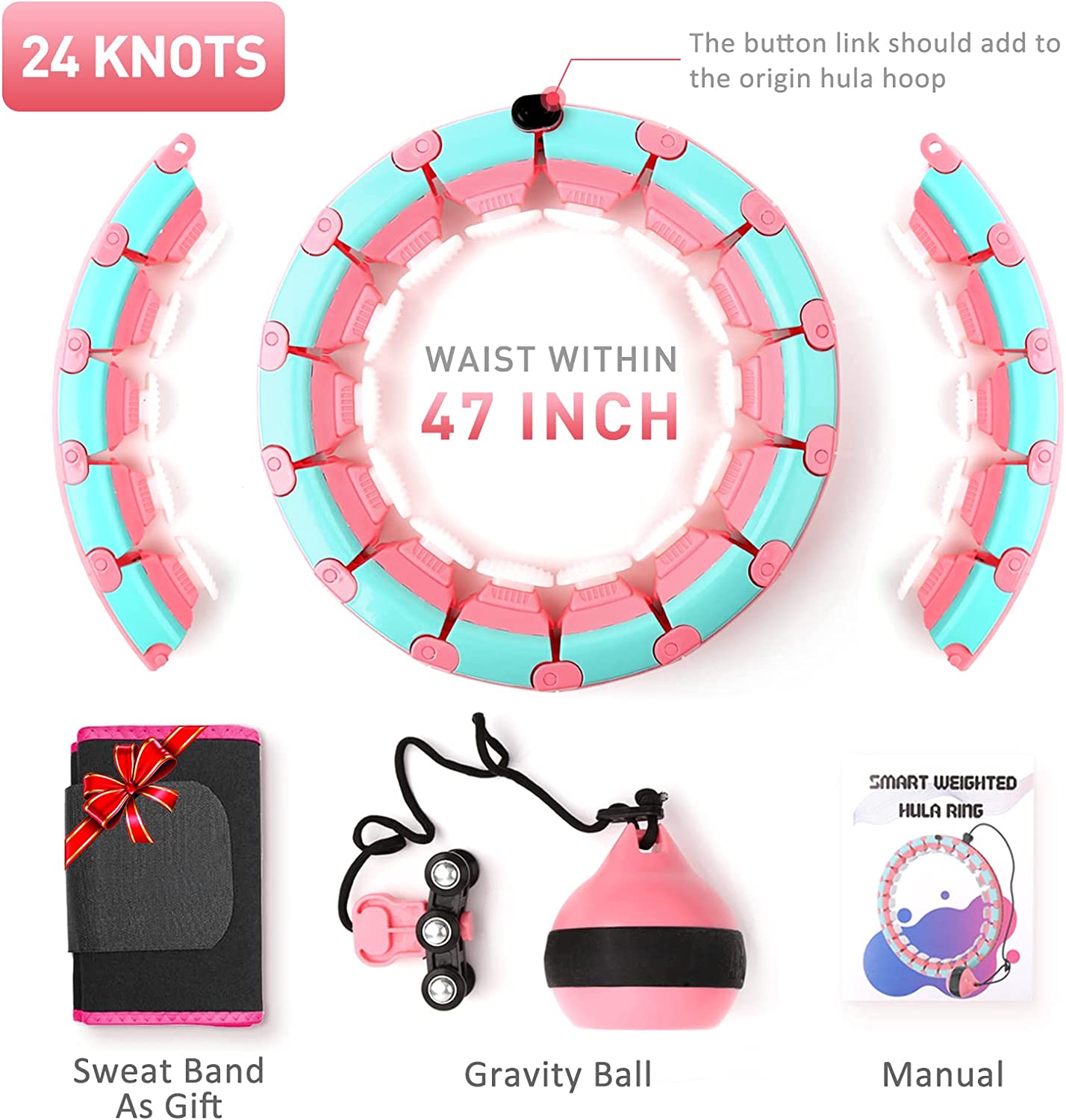 Weighted Smart Hoola Hoops Fitness for Adults Weight Loss， 24 Detachable Knots Hula Hoop Plus Size， 2 in 1 Waist Trainers Adomen Message Great for Adults and Kids