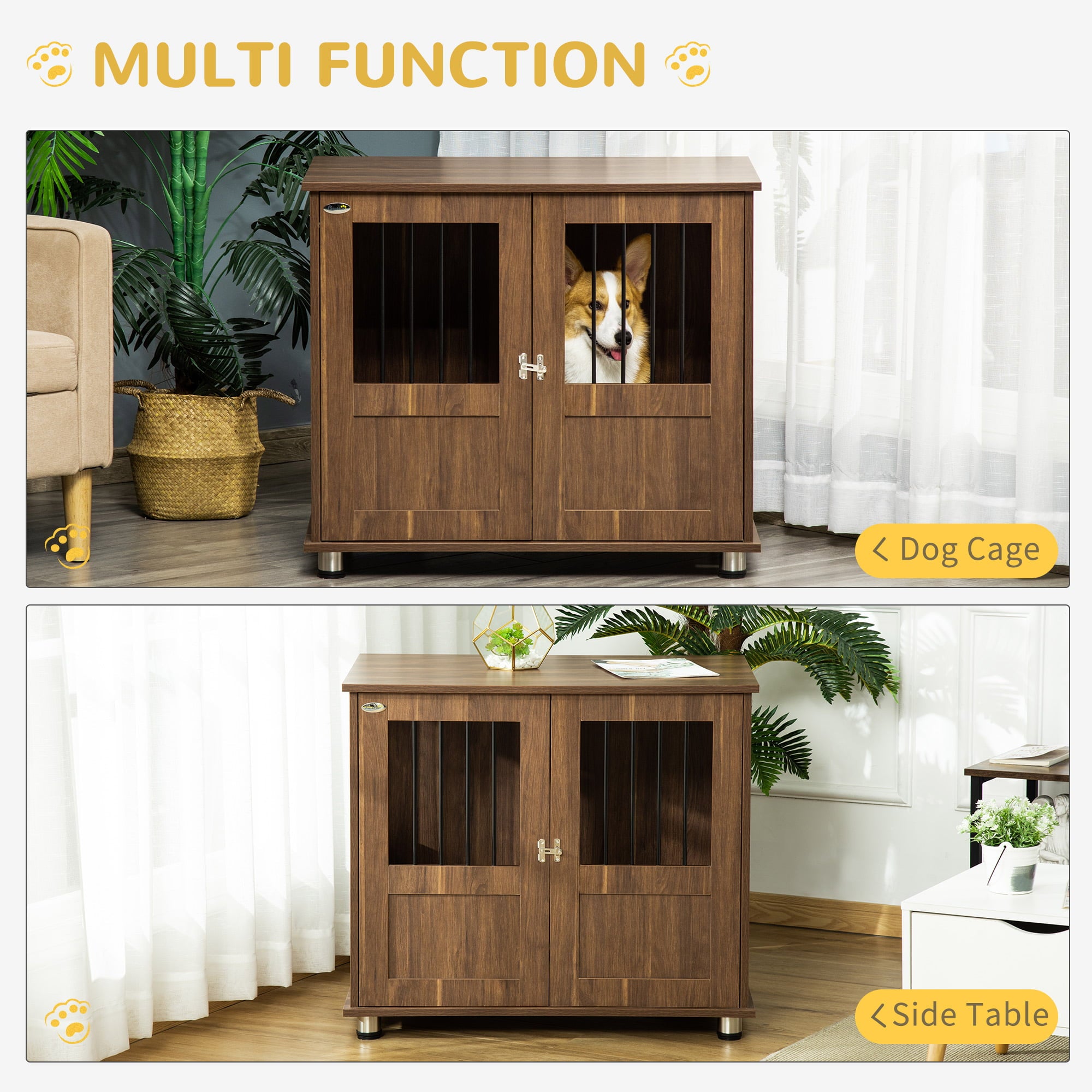 PawHut Furniture Style Dog Crate， Wooden and Wire End Table， Small and Medium Pet Crate with Magnetic Double Door Indoor Decorative Dog Kennel Cage， Brown
