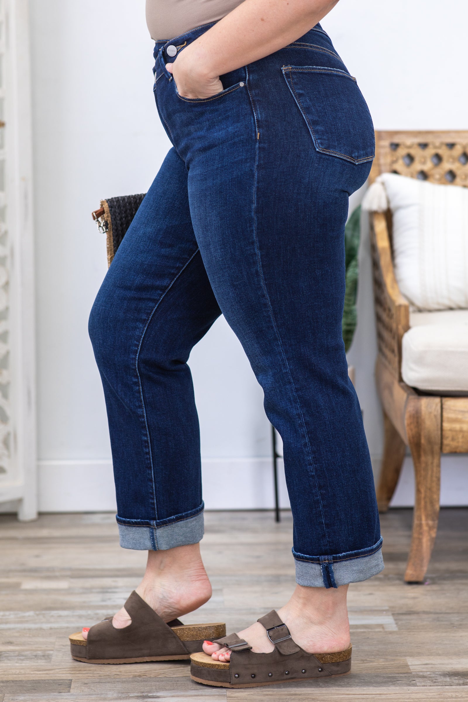 Risen Cross Over Waist Straight Leg Jeans