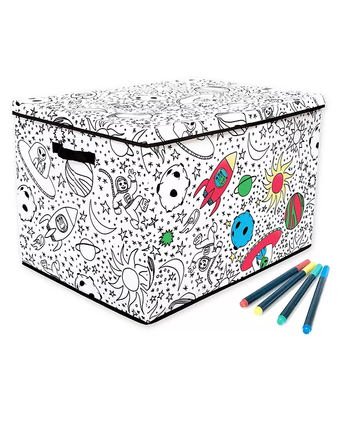 Baum Kid's Coloring Space Print Large Lidded Trunk with Removable Divider and 4 Washable Markers Set