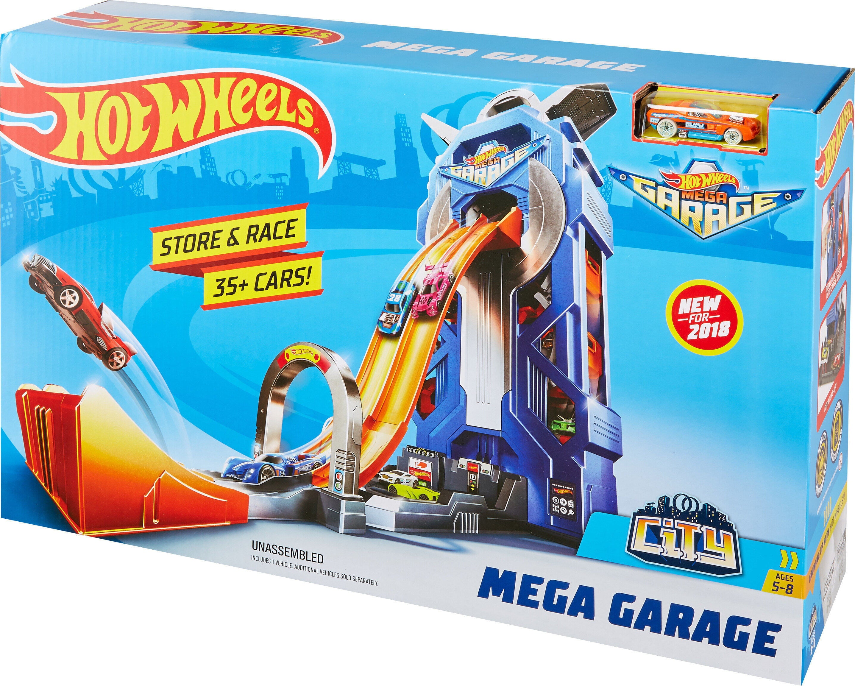 Hot Wheels Mega Garage Toy Car Track and Playset， Stores 35+ 1:64 Scale Vehicles