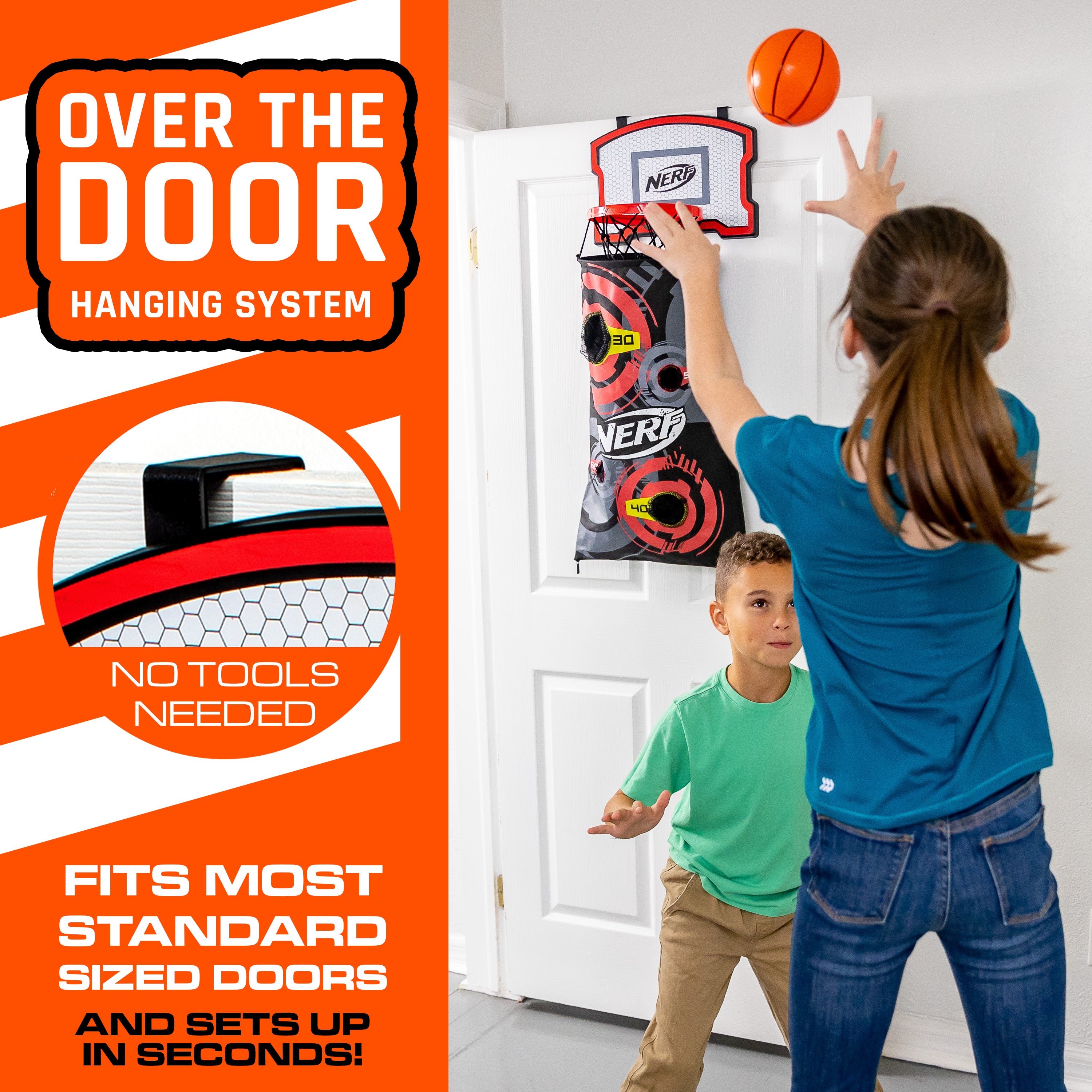 NERF Basketball Hoop Hamper - Laundry Layup Over the Door Basket + Shooting Target - Mini Hoop Hamper + Basketball Set