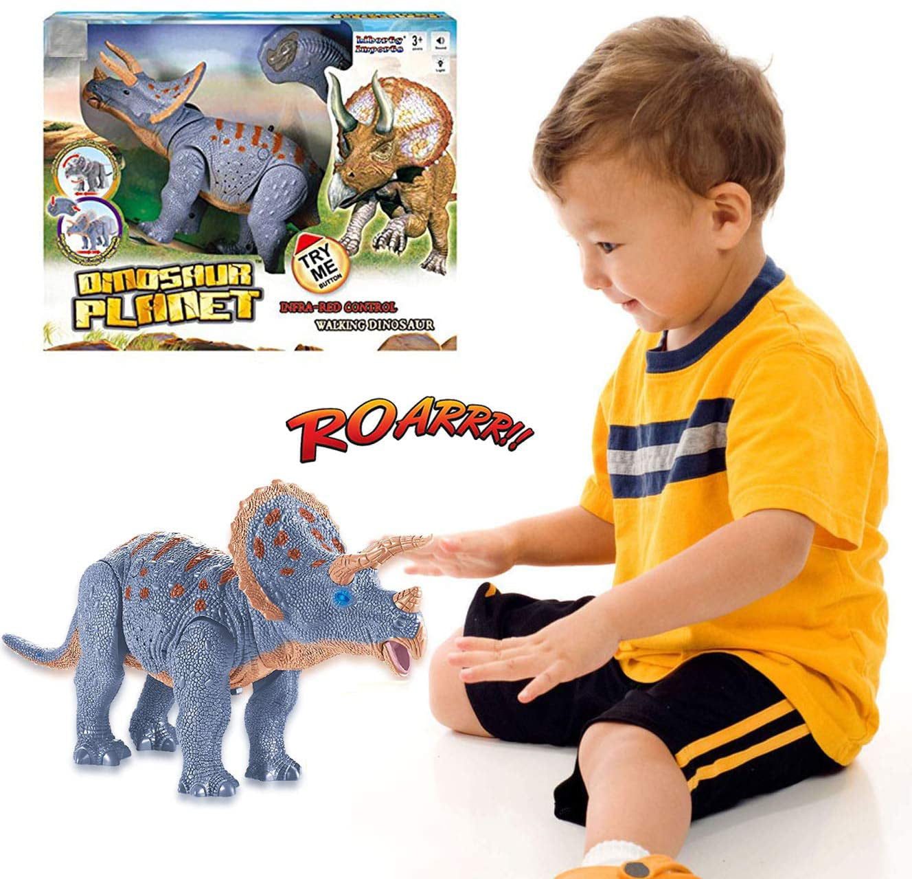 Contixo Infrared RC Dinosaur Toy for Kids Waking Triceratops with Light up Eyes and Sounds， DR2 Electronic Pet