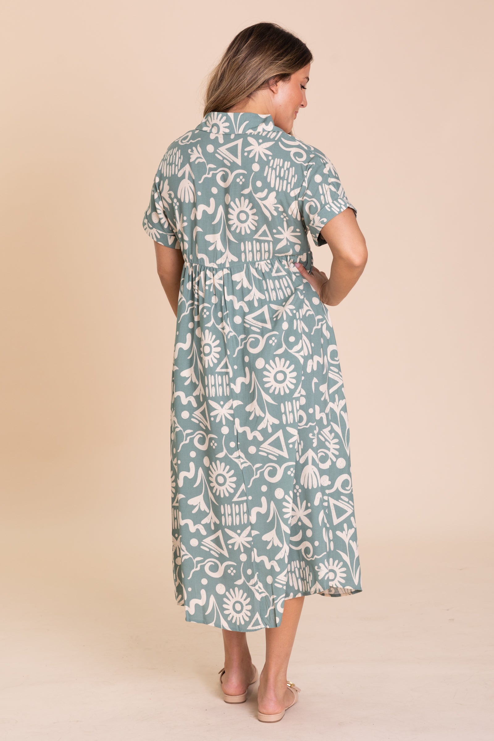 Dusty Teal Mix Media Shirt Midi Dress