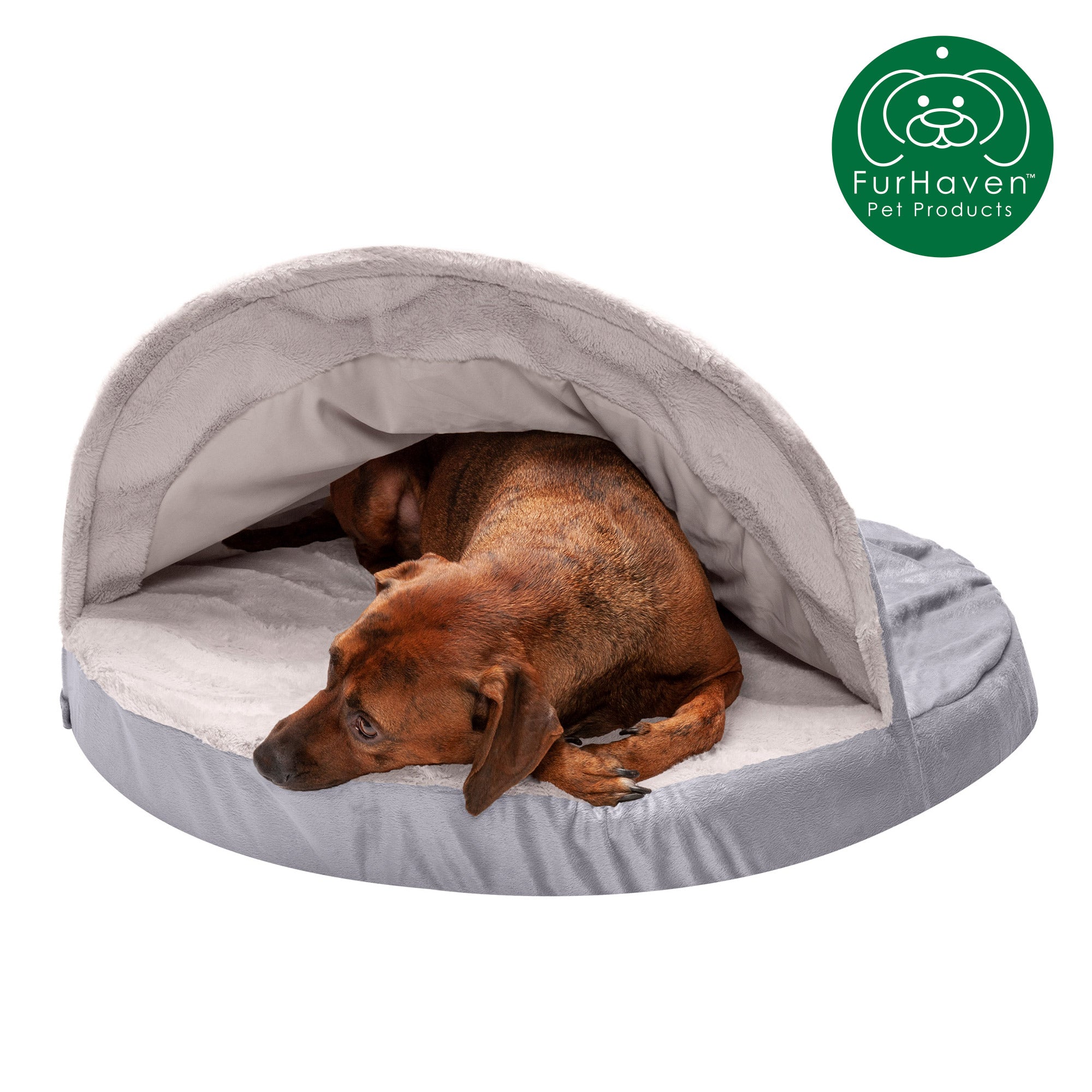FurHaven | Memory Foam Wave Fur and Velvet Snuggery Burrow Pet Bed for Dogs and Cats， Dark Gray， 35-Inch
