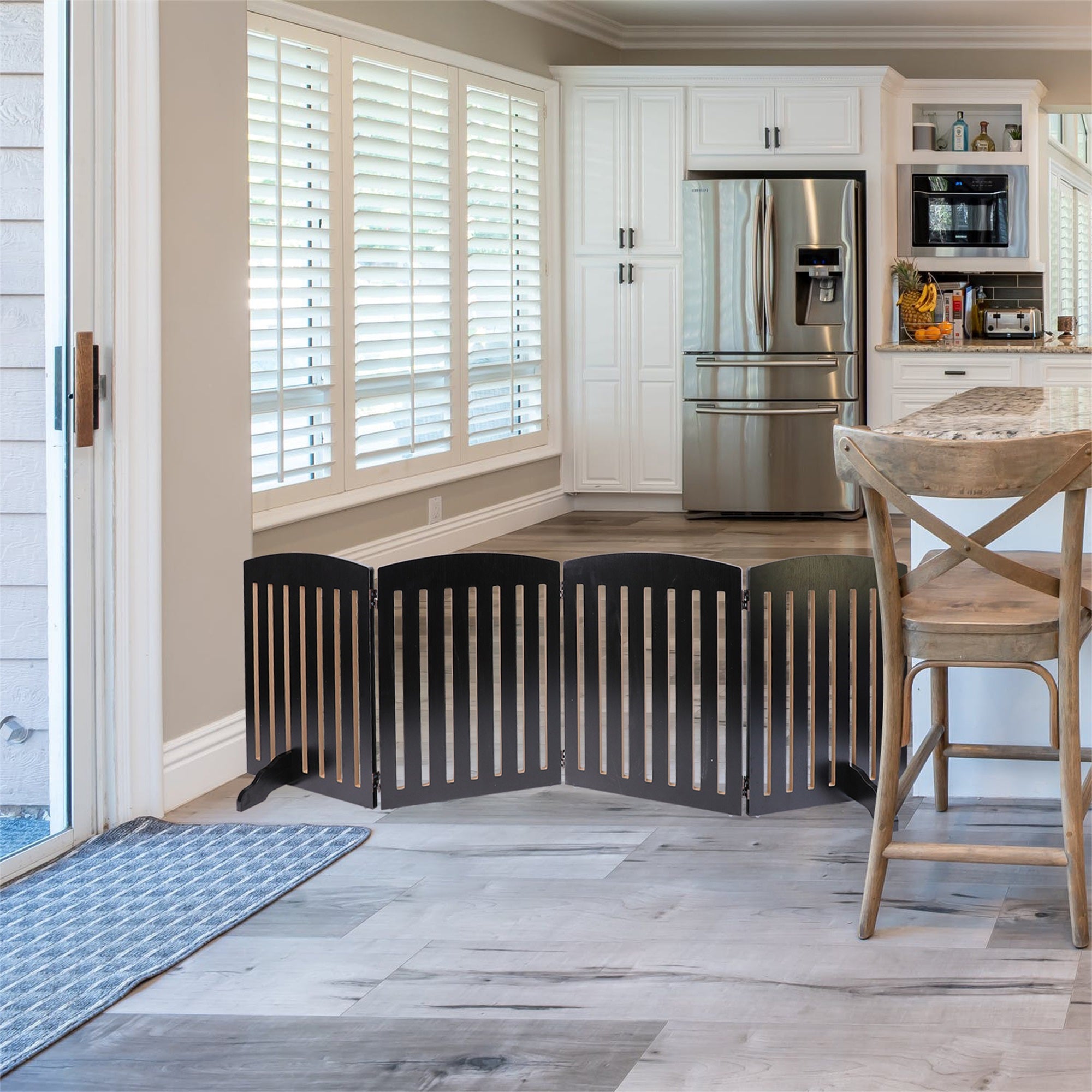 Pet Gate， 7*2 Ft Wooden Freestanding Foldable Pet Gate for DogsandCats， 4 Panels Step Over Fence， Support Feet Included， Dog Gate for The House， Doorway， Stairs， Extra Wide