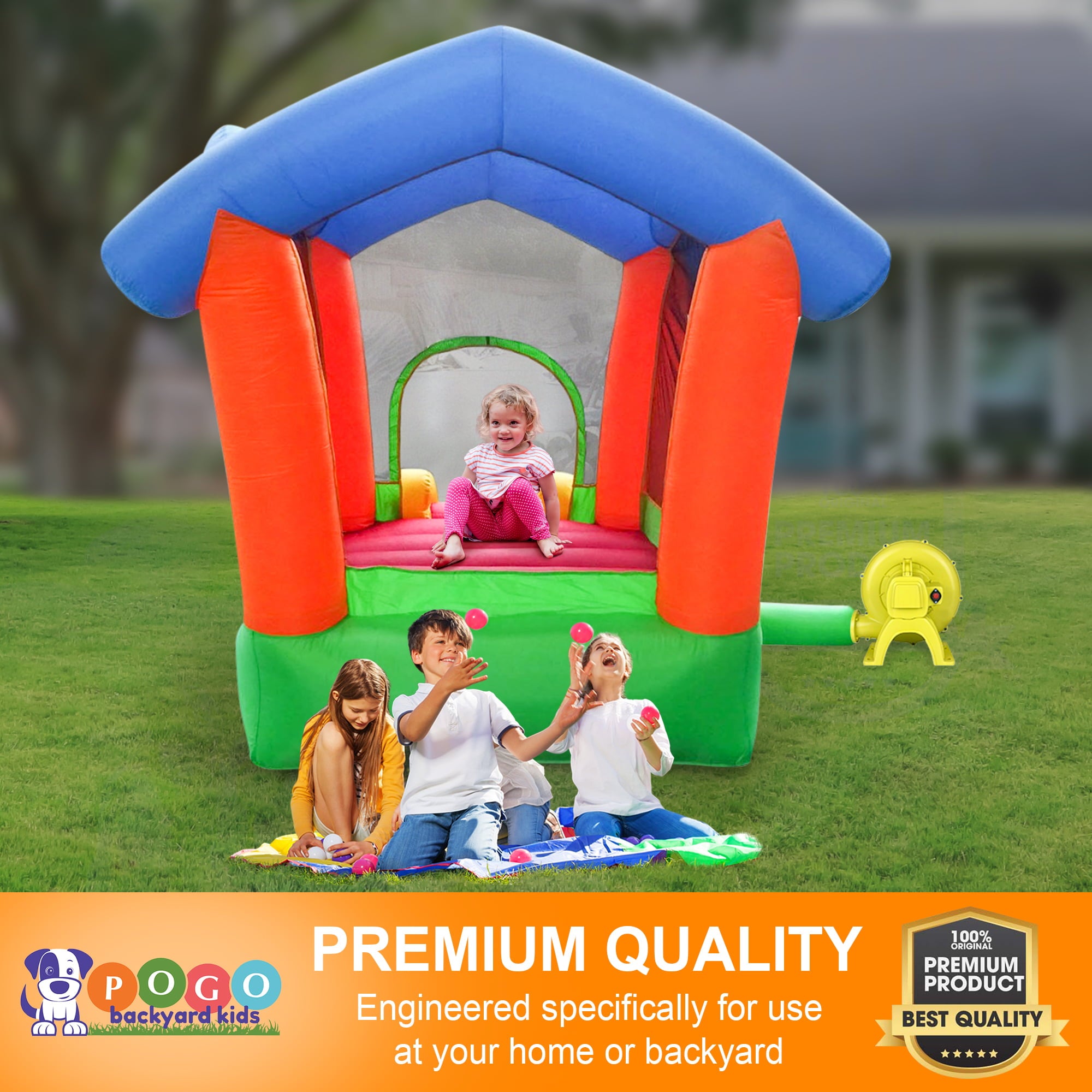 Pogo Bounce House Backyard Kids Rainbow Playhouse Inflatable Bounce House with Slide