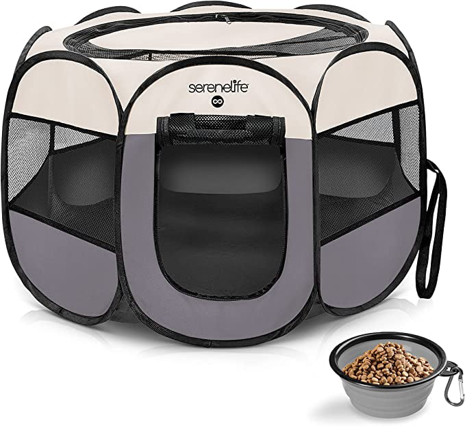 SereneLife 8-Panel Polyvinyl Large Portable Foldable Pet Tent Grey