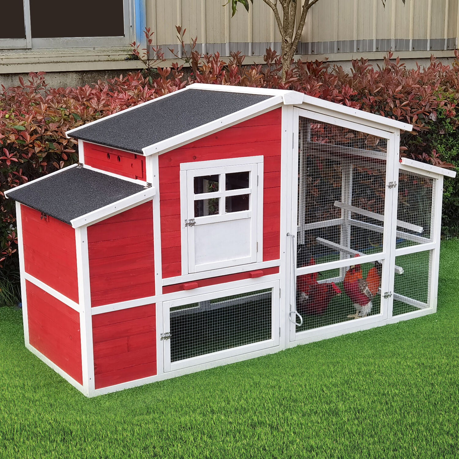 Hanover Outdoor Elevated Wooden Chicken Coop with Ramp， Wire Mesh Run， Waterproof Roof， Removable Tray， and External Door- HANCC0105-RED