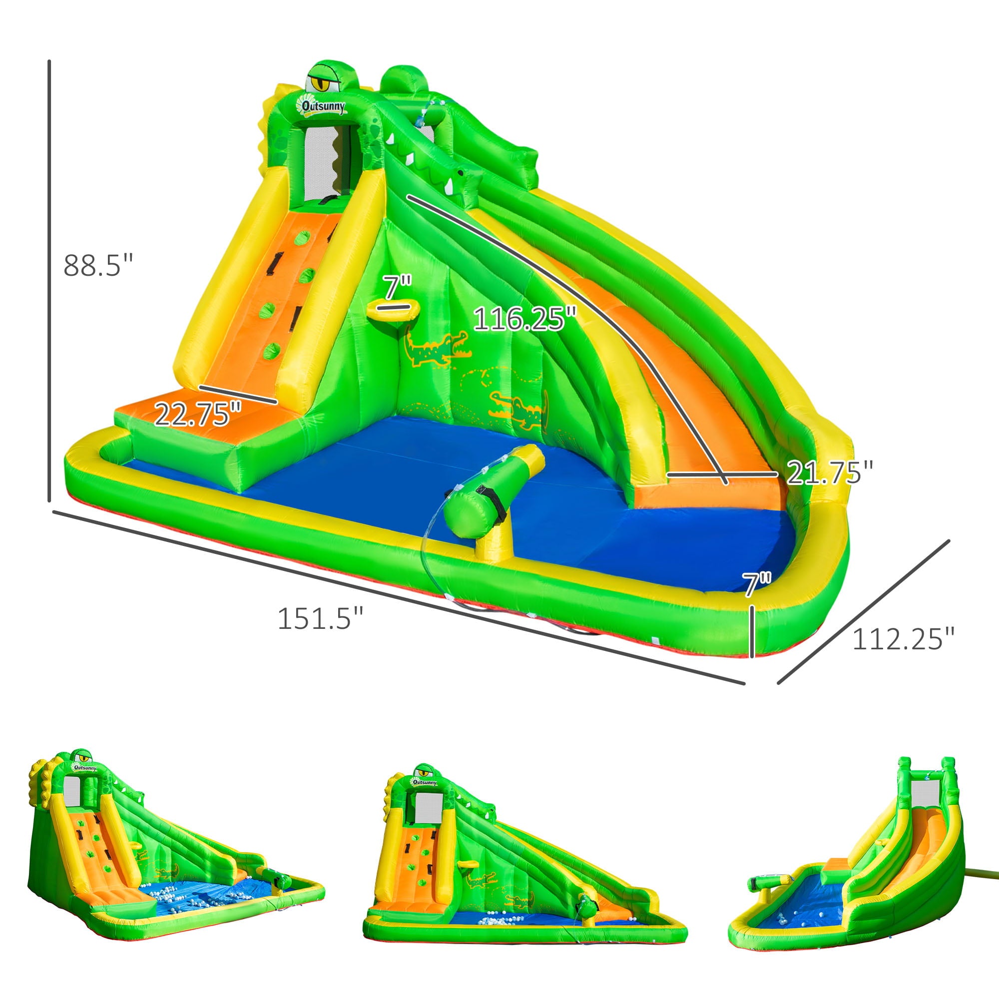 Outsunny 6 in 1 Inflatable Water Slide for Kids Backyard Water Park Castle Bounce House Extra Large Crocodile Style with Basket， Cannon， Pool， Climbing Wall， Slide and Carrybag Without Air Blower