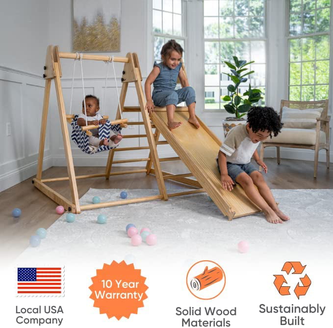 Avenlur Juniper Montessori Toddler Playset Indoor Playground Folding Gym， Interchangeable Baby/Toddler Swing 5 in 1 Multifunctional Foldable， Ladder Climber， Slide， Rock Climbing Kids Ages 1yr - 5yrs