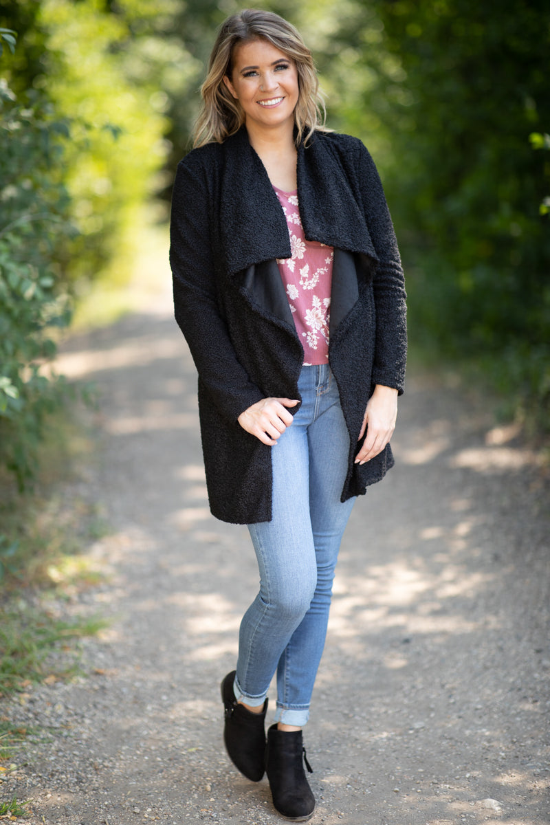 Black Sherpa Waterfall Collar Cardigan