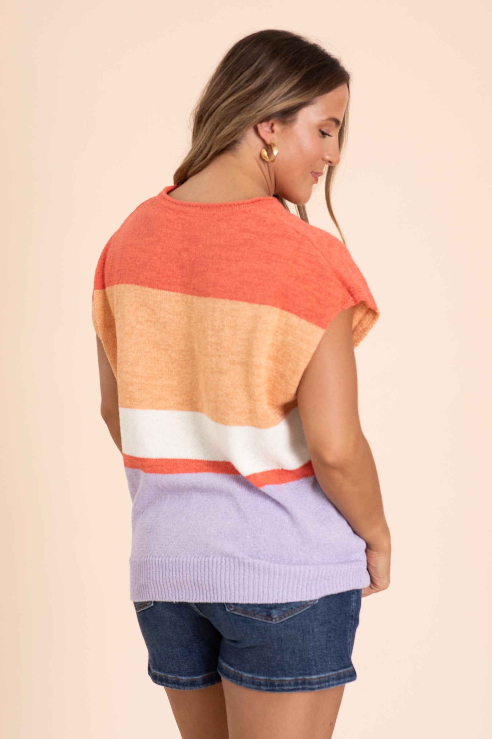 Coral Colorblock Drop Shoulder Sweater Top