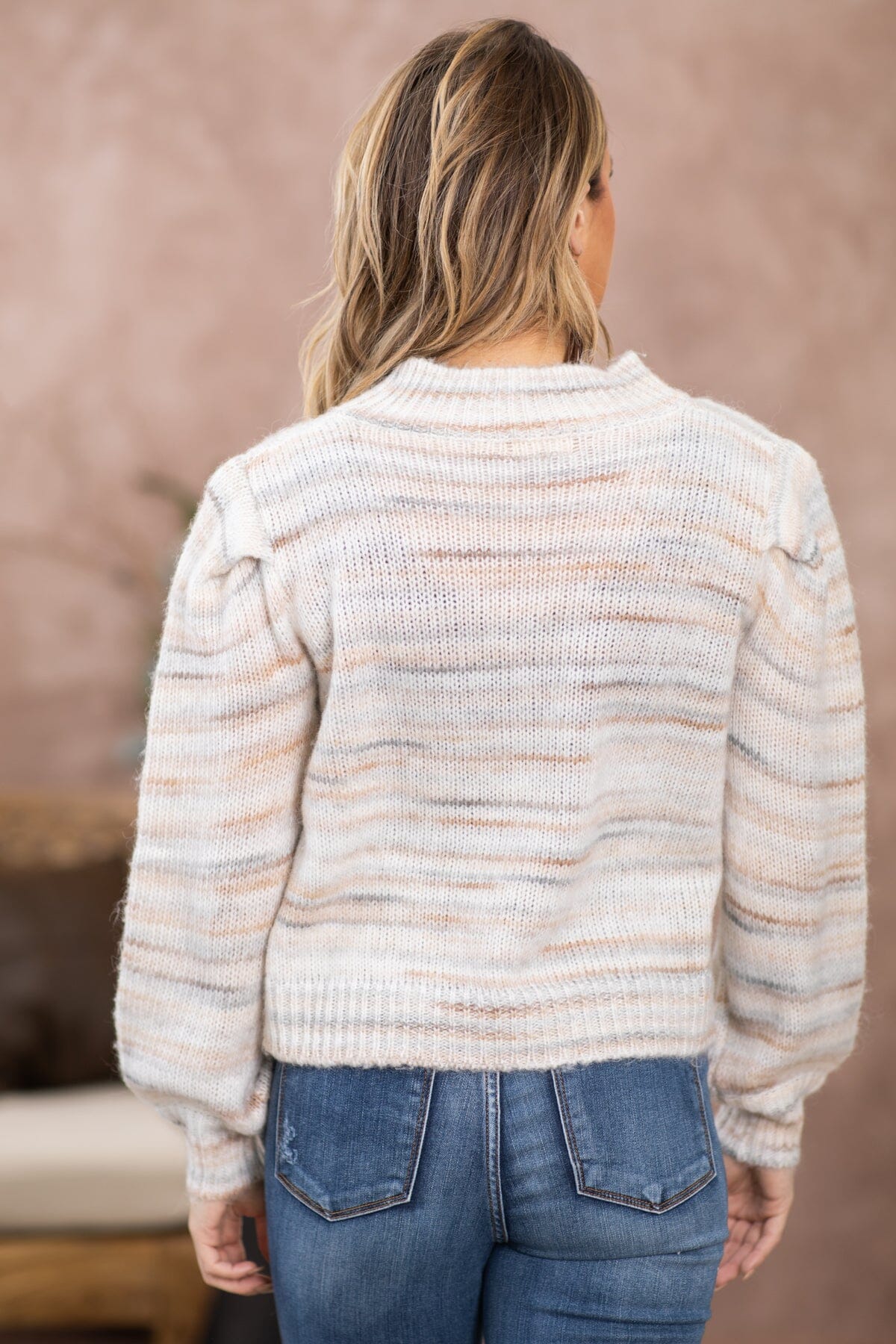 Tan and Grey Melange Mock Neck Sweater