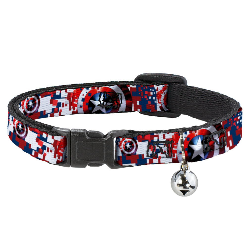 Marvel Comics Cat Collar， Breakaway Collar with Bell， Captain America Shield Digital Camo Blue White Red， 8.5 to 12 Inches 0.5 Inch Wide