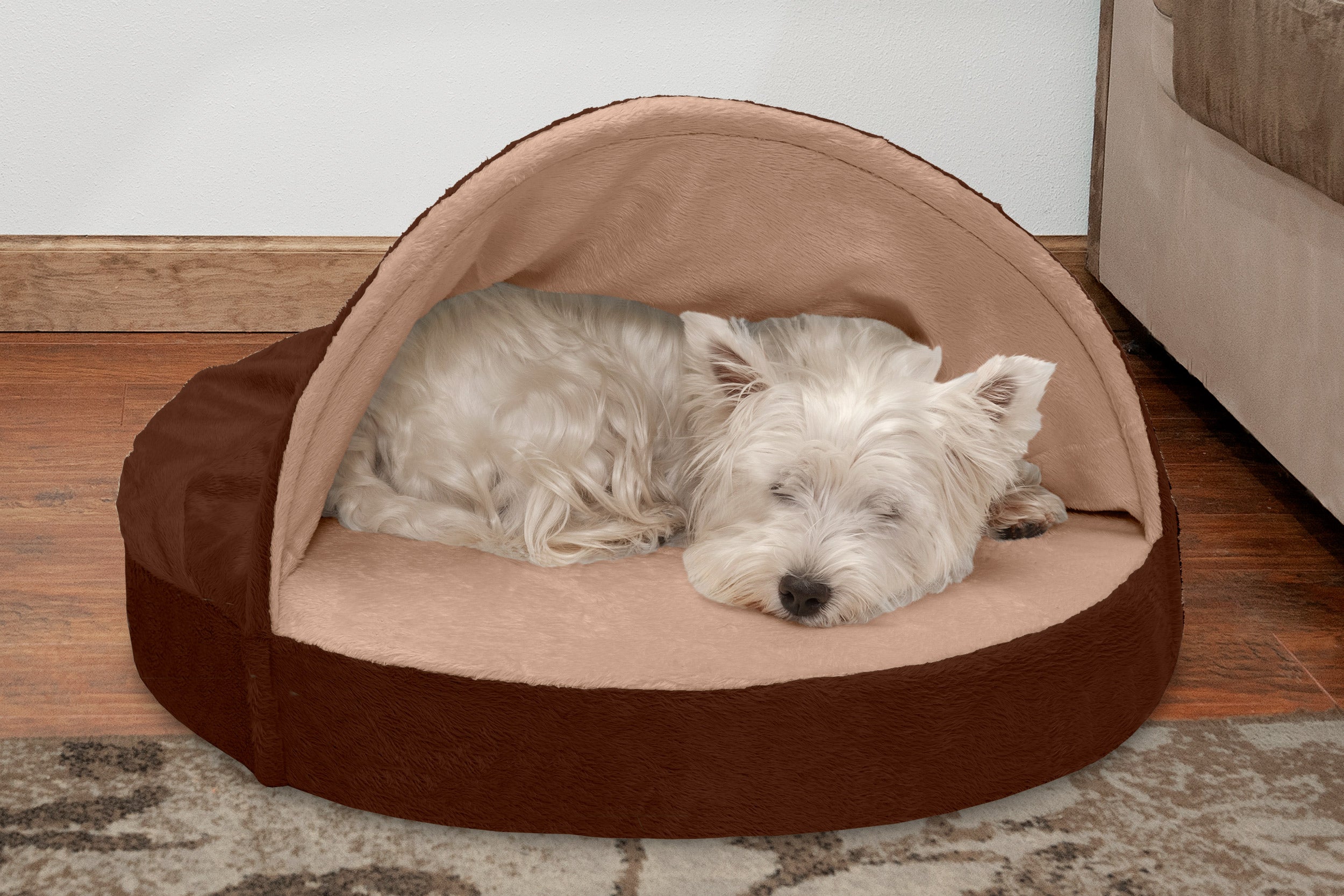 FurHaven | Cooling Gel Microvelvet Snuggery Pet Bed for Dogs and Cats， Espresso， 26-Inch