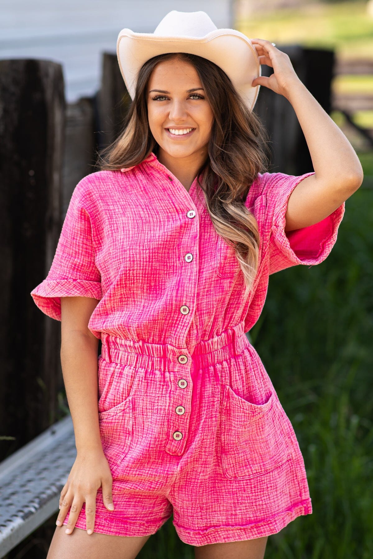 Hot Pink Washed Elastic Waist Romper