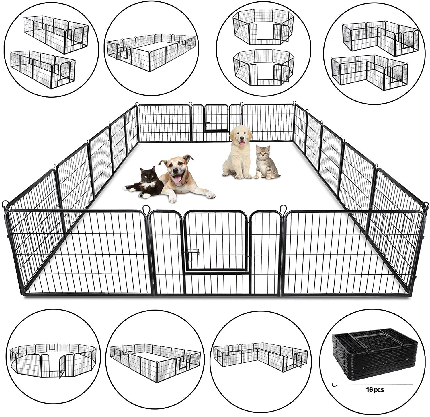 Howcool 31'' W x 24'' H Foldable Metal Exercise Pen and Pet Playpen Puppy Cat Exercise Fence Barrier Playpen Kennel - 16 Panels