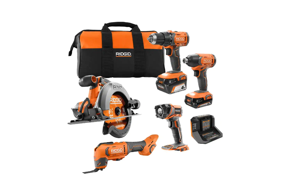 RIDGID R9257SB2 18V Cordless 5-Tool Combo Kit with (1) 2.0 Ah Battery， (1) 4.0 Ah Battery， Charger， and Bag
