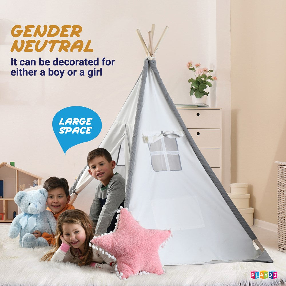 Teepee Tent For Kids With Mat - Foldable Kids Natural Cotton Canvas Teepee Play Tent With Wood Poles And Carry Case - Play Tents For Girls Boys, Indoor Outdoor Kids Playhouse Tent -Play22USA