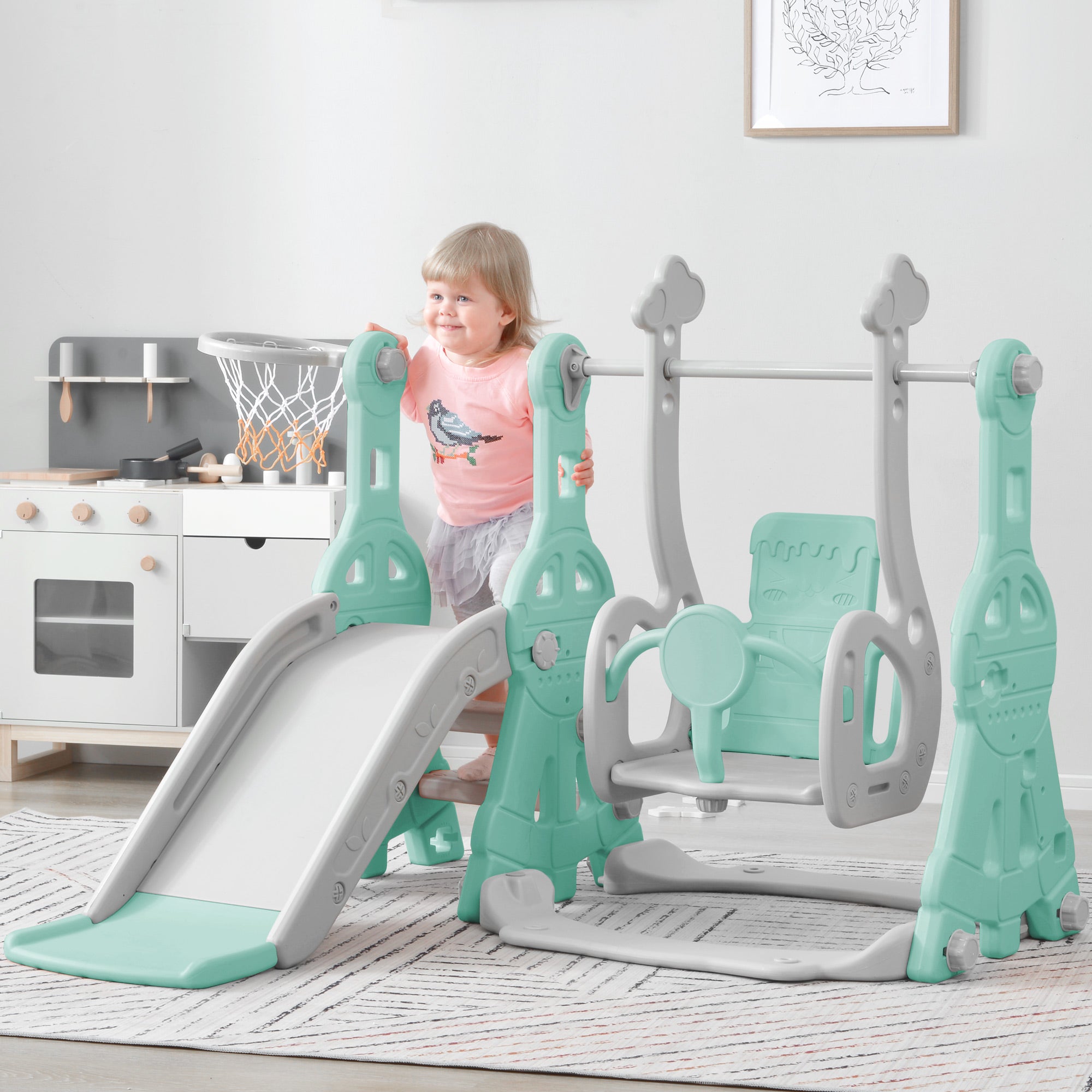 HDJ 3 In 1 Kids Slide and Climber Set with Basketball Hoop，Toddler Slide   Playset for Kids，Indoor Outdoor，Green