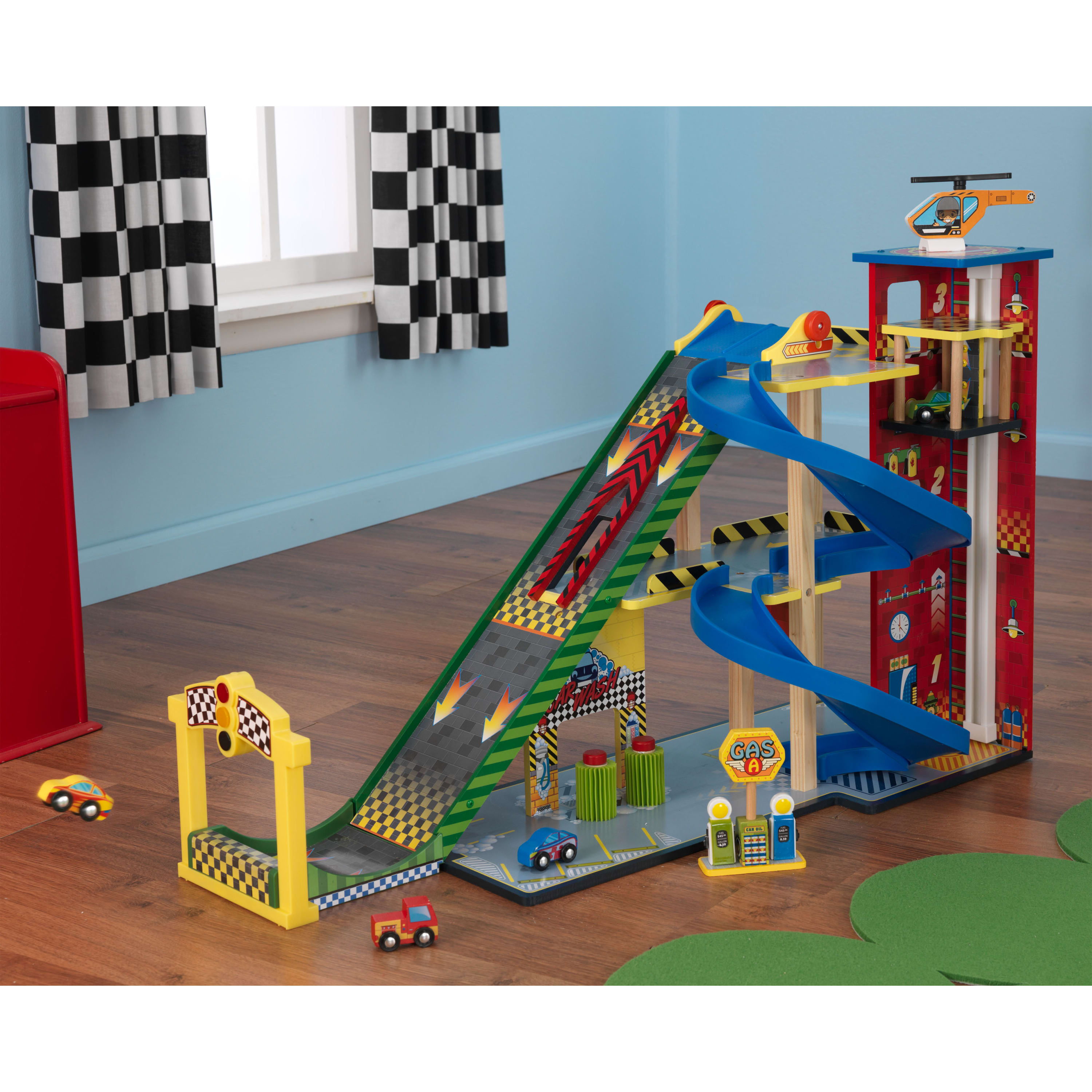 KidKraft Mega Ramp Wooden Racing Play Set with 5 Vehicles. Lights and Moving Elevator