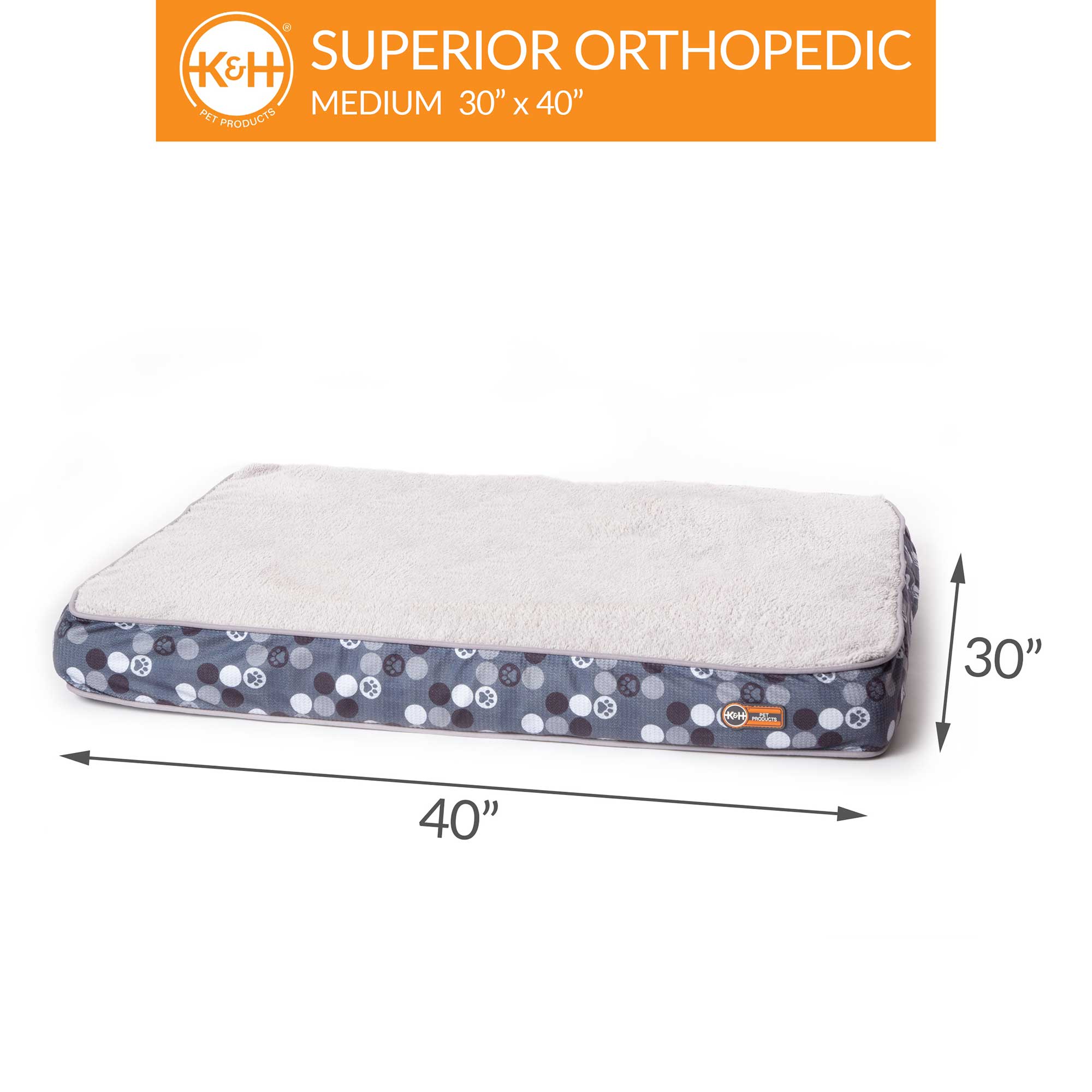 KandH Pet Products Superior Orthopedic Dog Bed Gray/Paw Medium 30 X 40 Inches