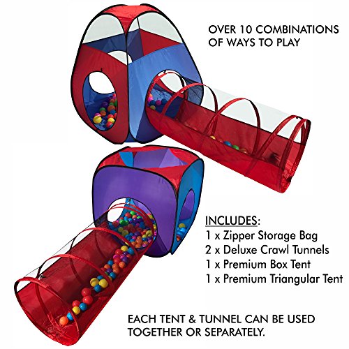 Playz 4pc Pop Up Children Play Tent w/ 2 Crawl Tunnel & 2 Tents - Kids Tents for Boys, Girls, Babies & Toddlers for Indoor & Outdoor - Large Children Playhouse Ball Pit w/ Storage Case