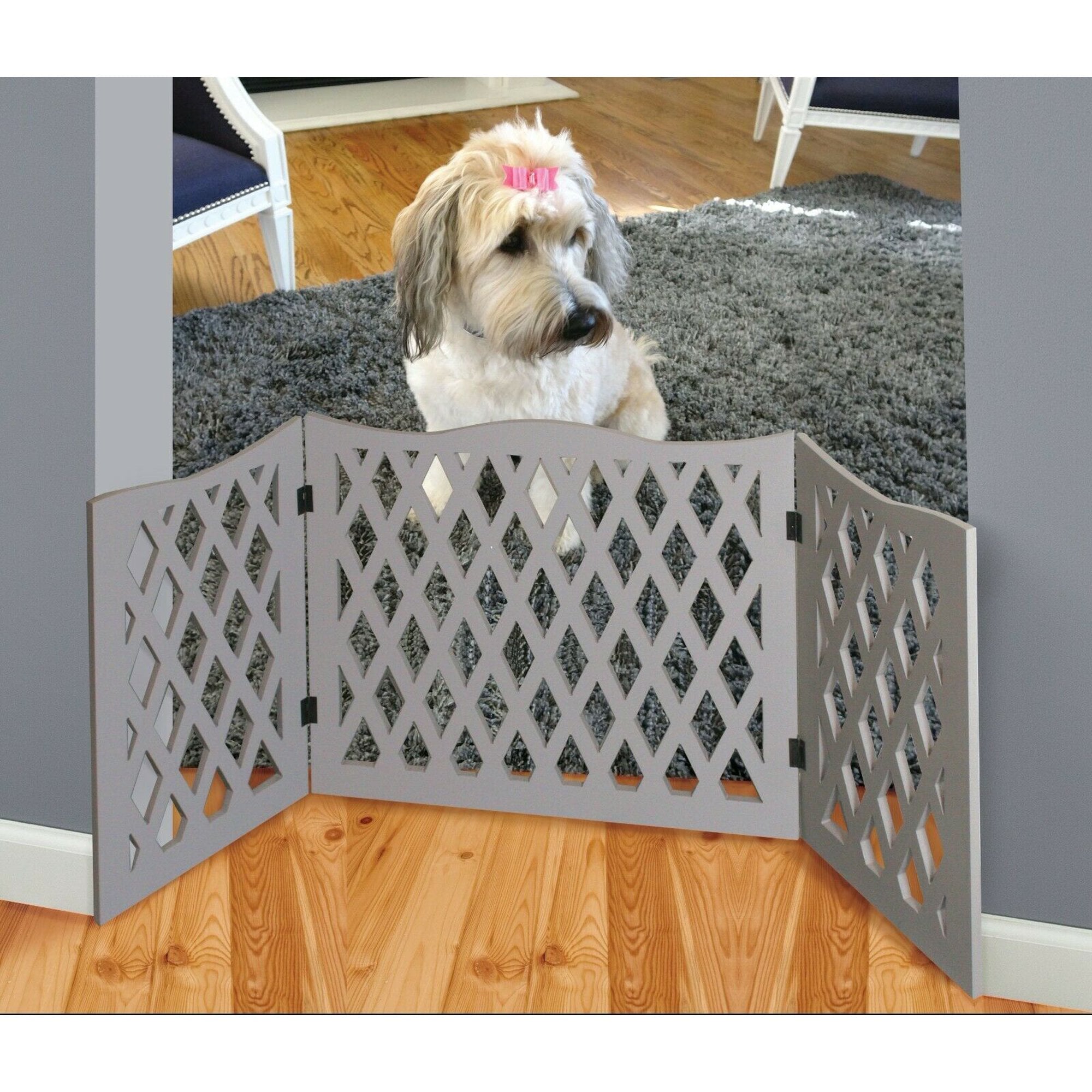 Gray 3-Panel Diamond Design Wood Pet Gate -Tri Fold Dog Safety Fence - 48