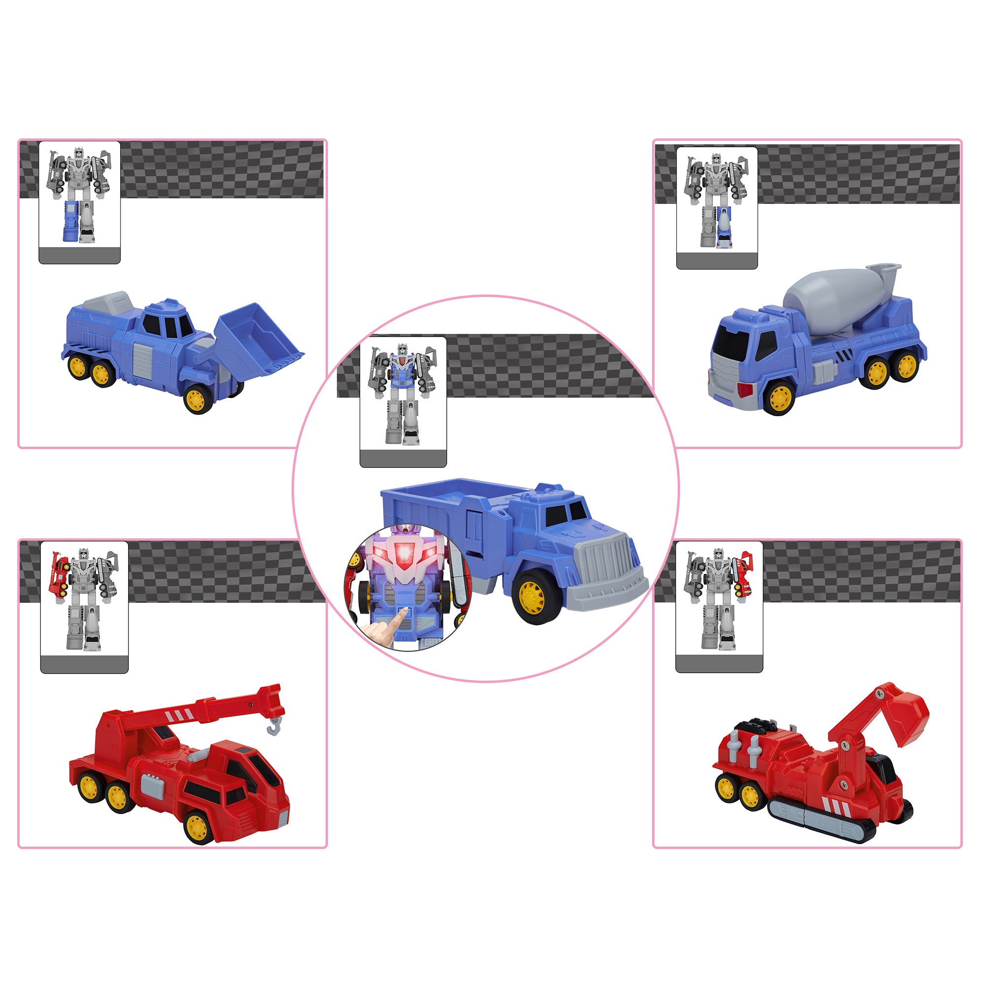 LELINTA Truck Transforming Robot Toy Cars Gift for Kids， 5-in-1 Construction Vehicles Transformer into Robot Action Figures， Assemble into Giant Pull-Back Truck with Sound and light