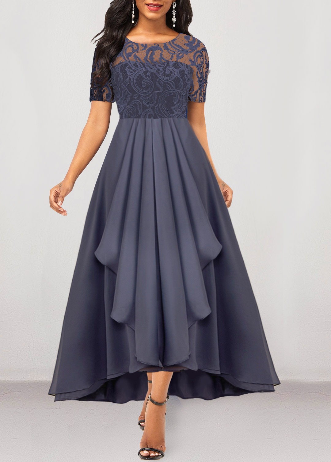 Lace Stitching Asymmetric Hem Dusty Purple Dress