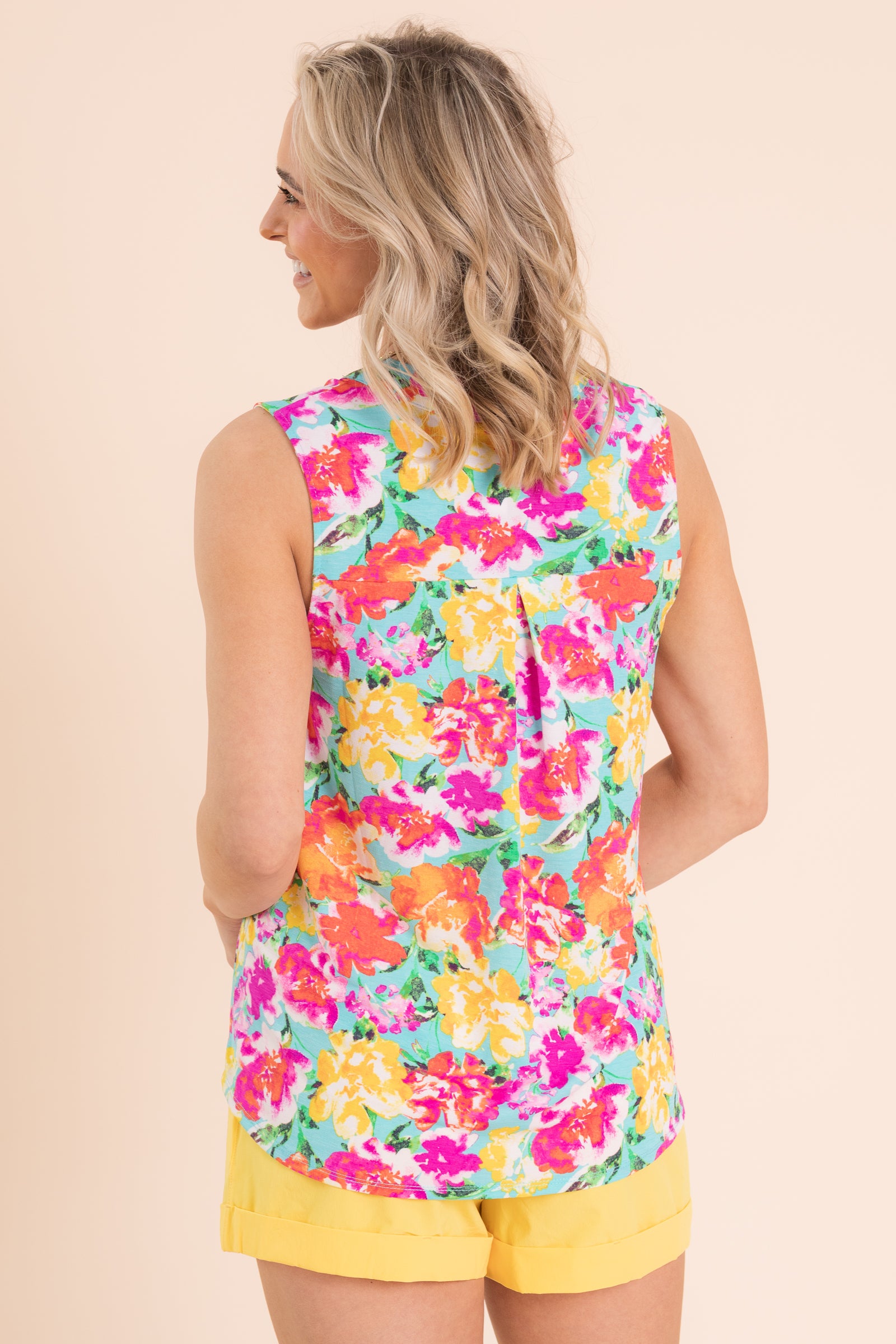 Aqua Floral V-Neck Wrinkle Free Lizzy Top