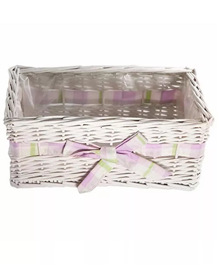 Gardener's Select Woven Willow Flower Basket， White with Pink Ribbon