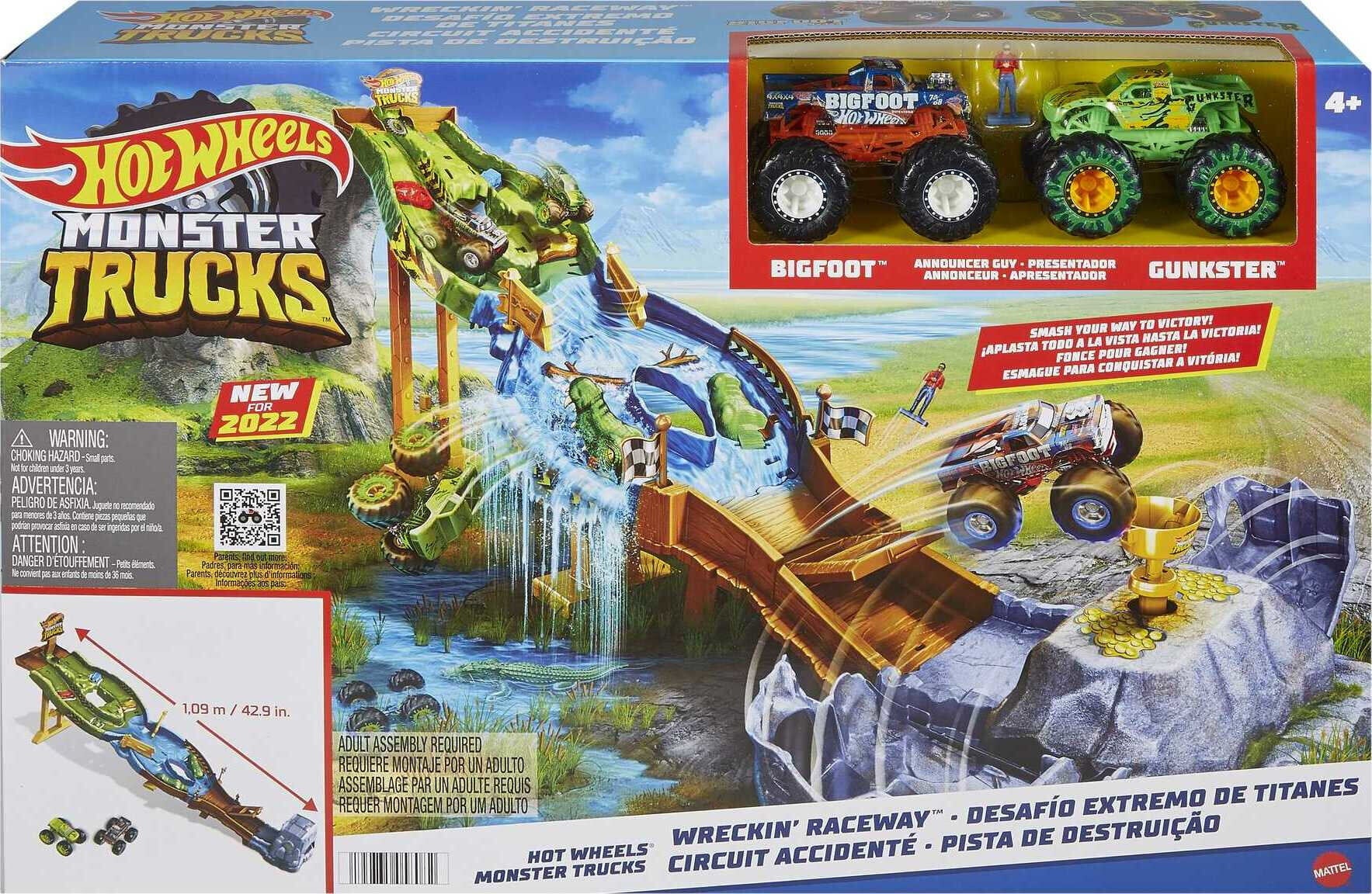 Hot Wheels Monster Trucks Wreckin' Raceway Playset with 2 Toy Trucks Bigfoot and Gunkster