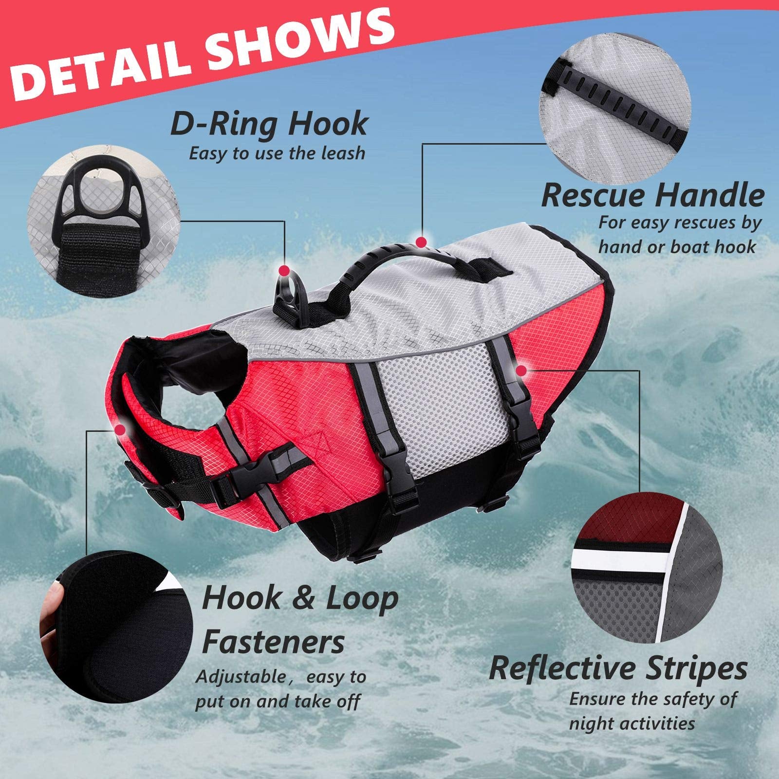 QBLEEV Dog Life Jacket Pet Life Vest for Swimming Pool Float Coat Swimsuits Flotation Device Life Preserver Belt Lifesaver Flotation Suit for Small Medium Large Dogs-L