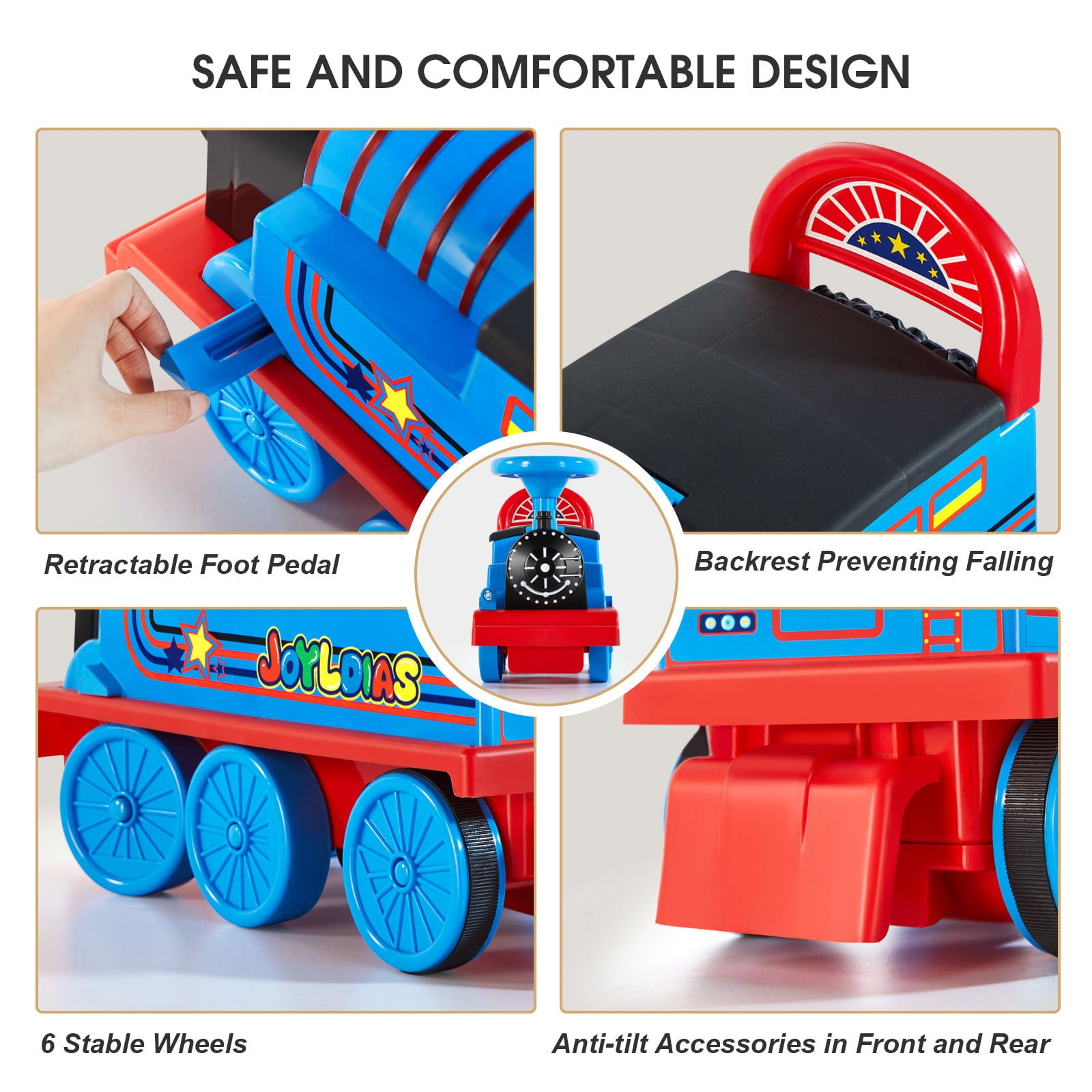 JOYLDIAS 6V Electric Ride on Train for Kids with Curved Tracks， Songs， Stories， Lights， Horns， Storage and Foot Pedals， Blue