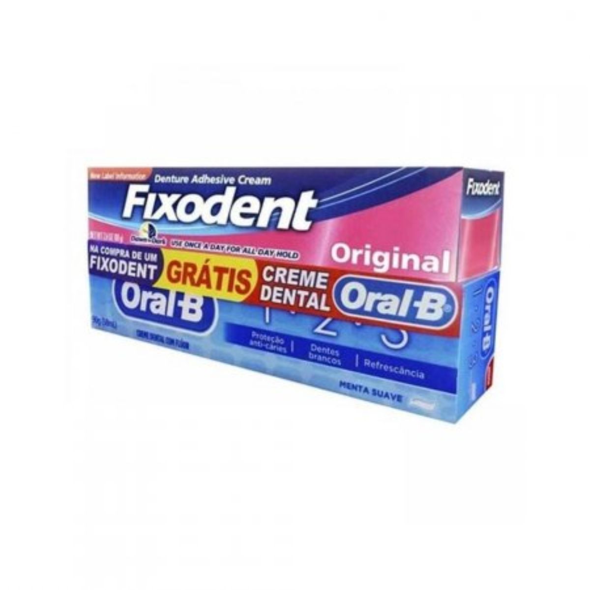 Kit Creme Fixador De Dentadura Fixodent Original Com 68g + Creme Dental Oral-B Gratis Com 90g