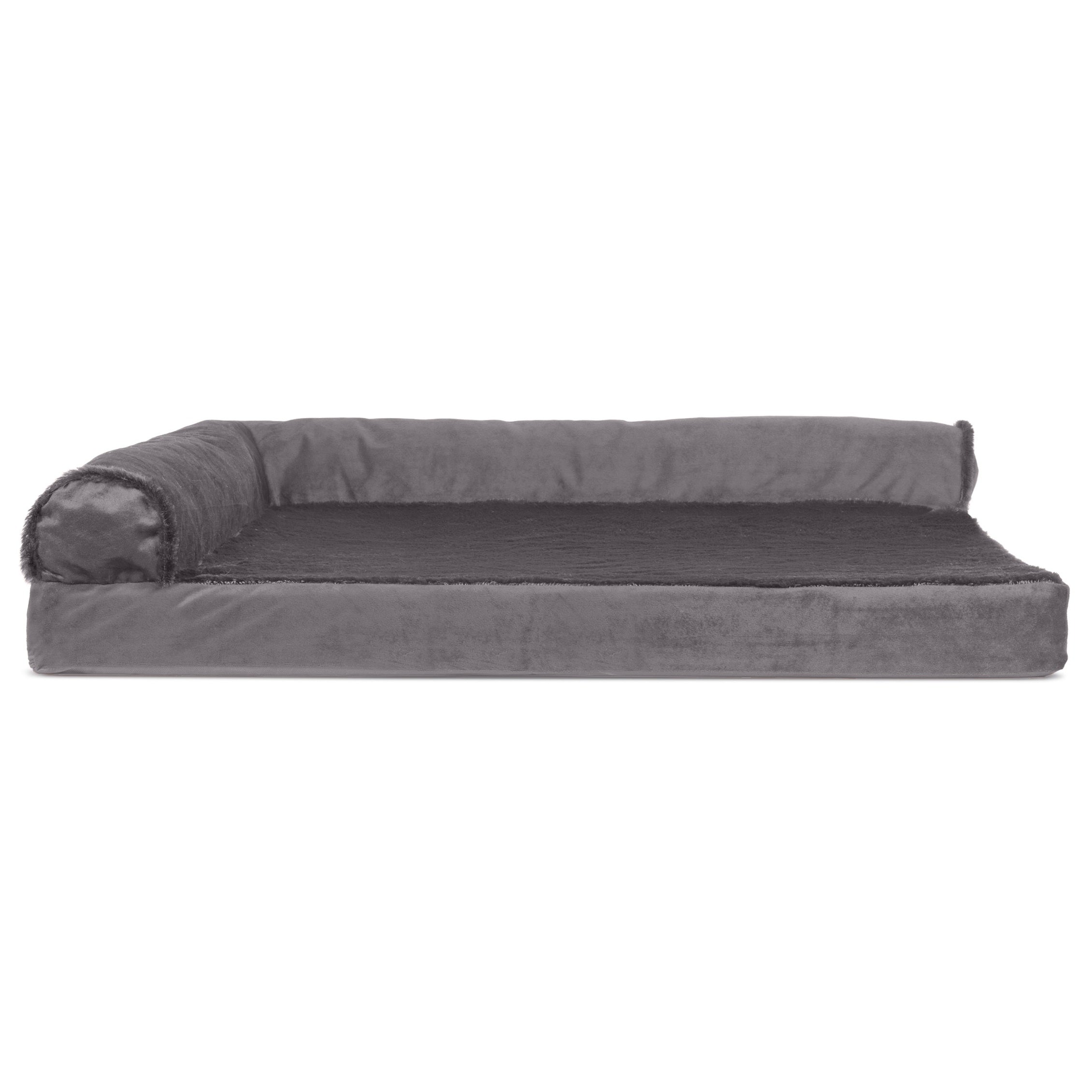 FurHaven | Deluxe Cooling Gel Plush and Velvet L-Chaise Lounge Pet Bed for Dogs and Cats， Platinum Gray， Large